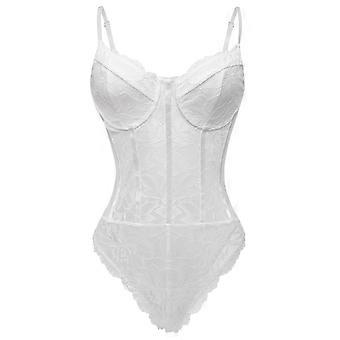 Kreativer Bodysuit aus Spitze und Mesh für Frauen Selbstvertrauen stärkende Dessous Bodys mit hoher Elastizität Spitzenstrampler Weiß XS 