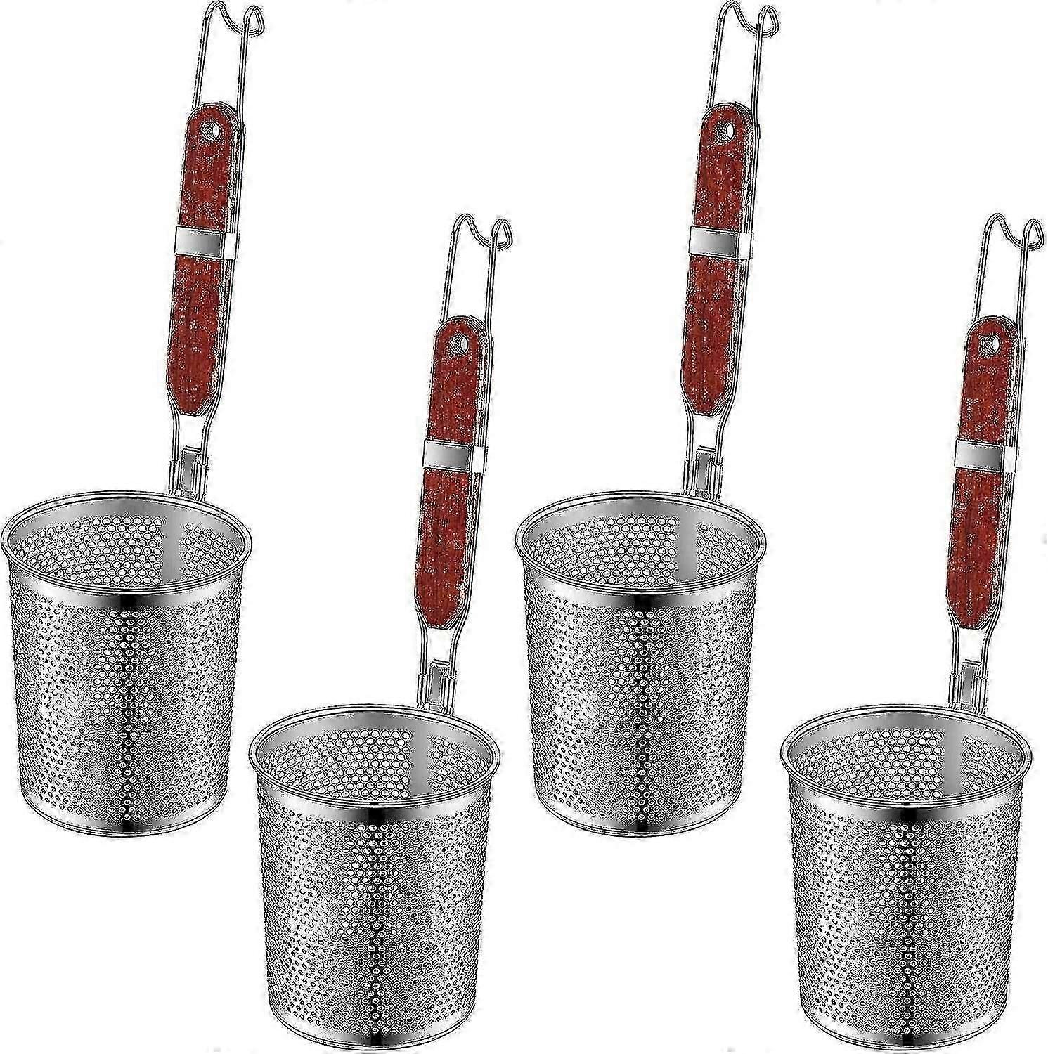 4 قطع المعكرونة طباخ الفولاذ المقاوم للصدأ سلة المعكرونة مع مقبض خشبي شبكة المطبخ مصفاة المعكرونة العنكبوت