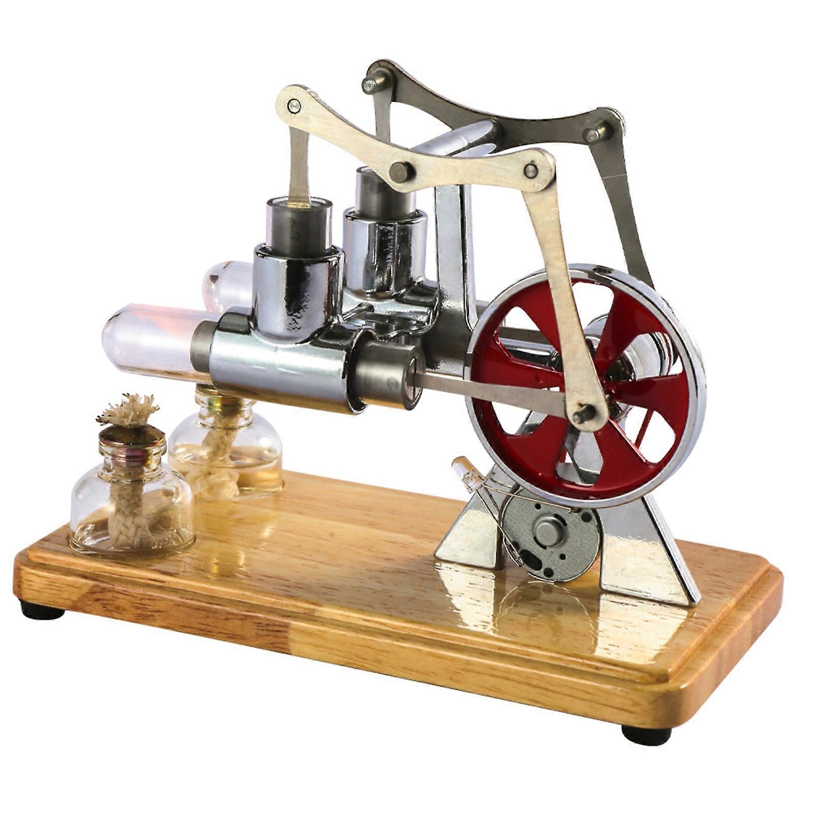 Stirling Engine Kit Hot Air Motor Model Physical Dual Engine Generator Model with LED Light Flywheel Design Science Experiment Wooden Base DIY Educat