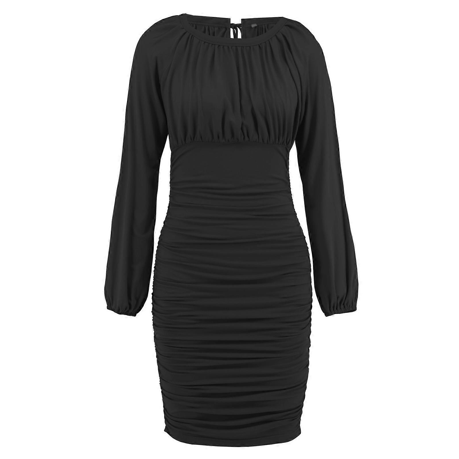 2023 Autumn/Winter Dress Women's Sexy Lace Up Pleated Dresses Slim Fit Dress  Long Sleeved Mini Short Skirt Round Neck Black XXL | Fruugo UK