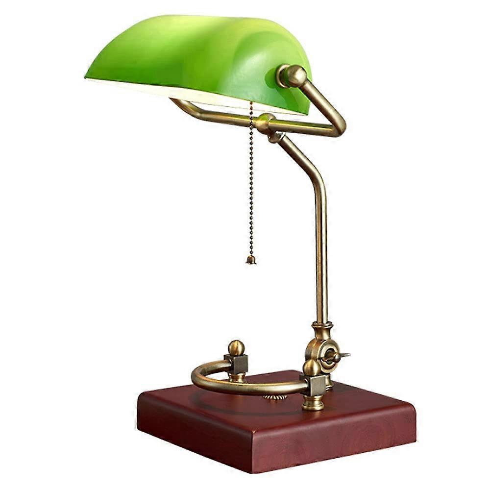 Emerald Green Glass Table Lamp with Wooden Base, 1920's Classic Banker Style Reading Light, 14-Inch Height