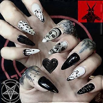 24 st Fake Nail Halloween Svart Vit Spik Rolig Ghost Mönster