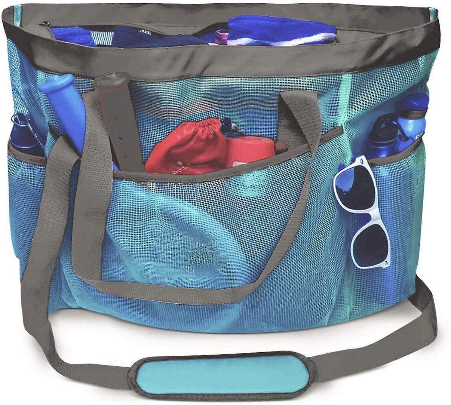 Mesh Beach Bag with Zip - Oversized Beach Tote - Pool Bag,Blue