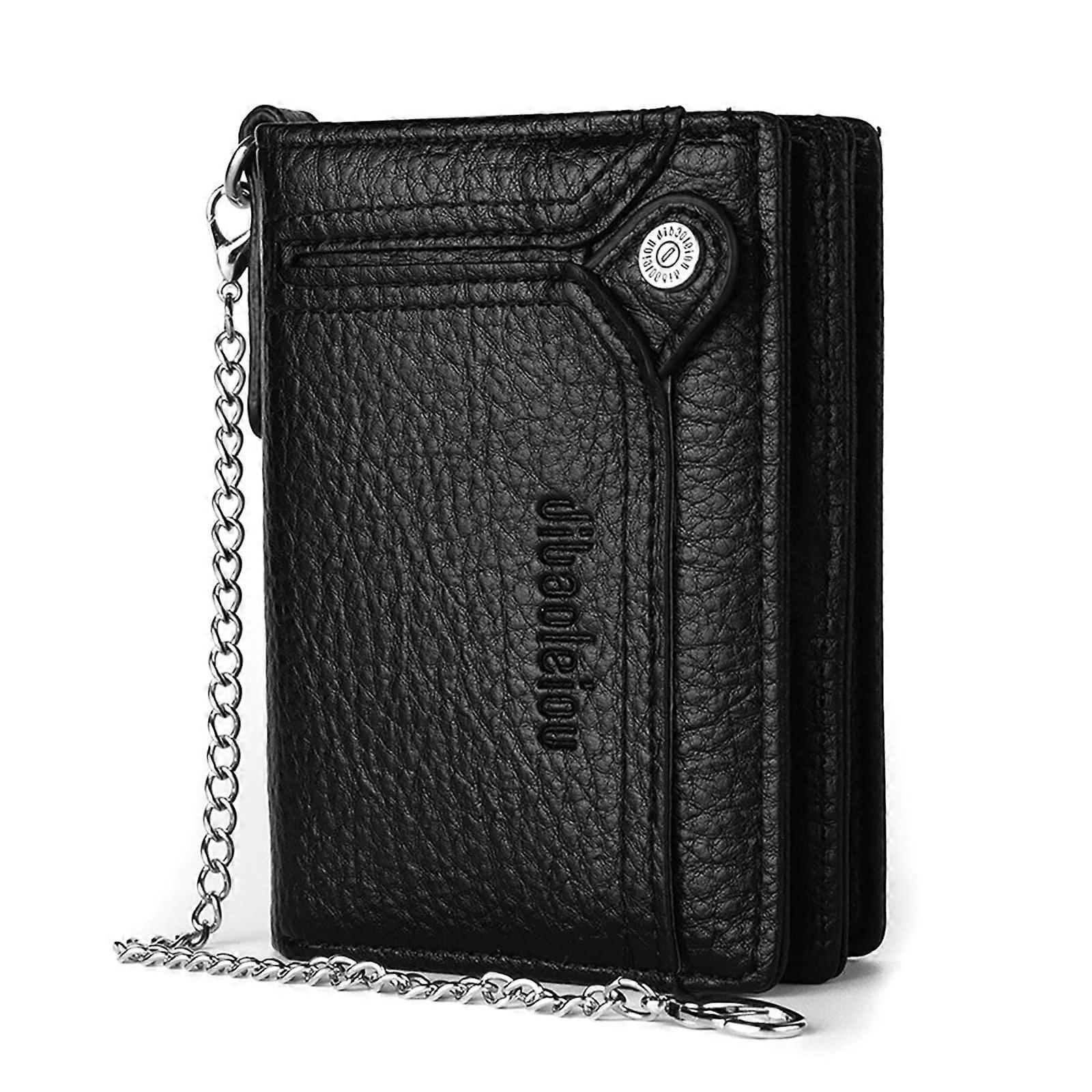 Wallet with Chain for Men Faux Leather Bifold Wallet with Zipper Coin Pocket and Double Anti-Theft Chain in Black
