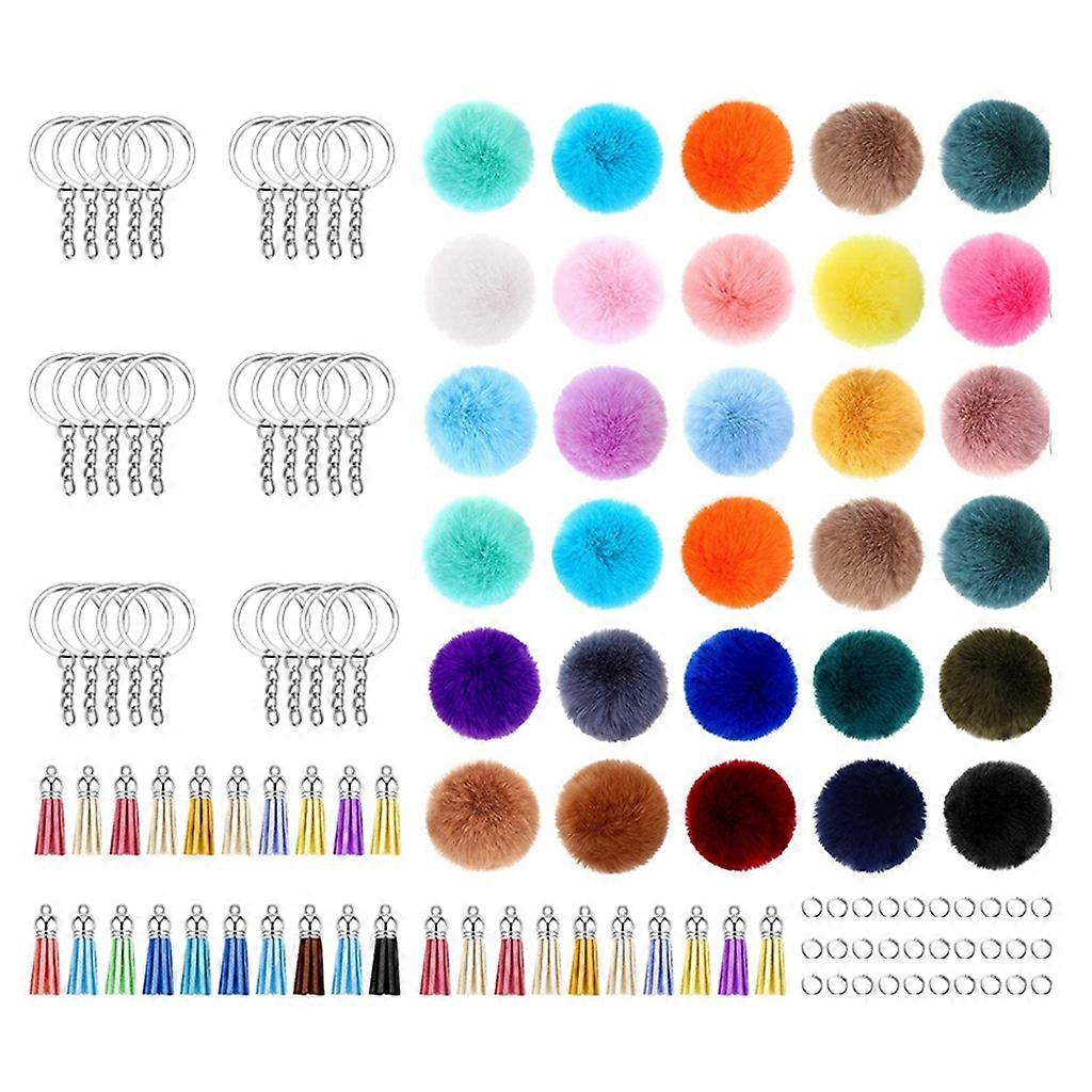 30 PC πολύχρωμη μπάλα Pom Poms με 30 κομμάτια ανοιχτά δαχτυλίδια άλματος και 30 κομμάτια για μπρελόκ για αξεσουάρ γοητείας αυτοκινήτου τσάντα