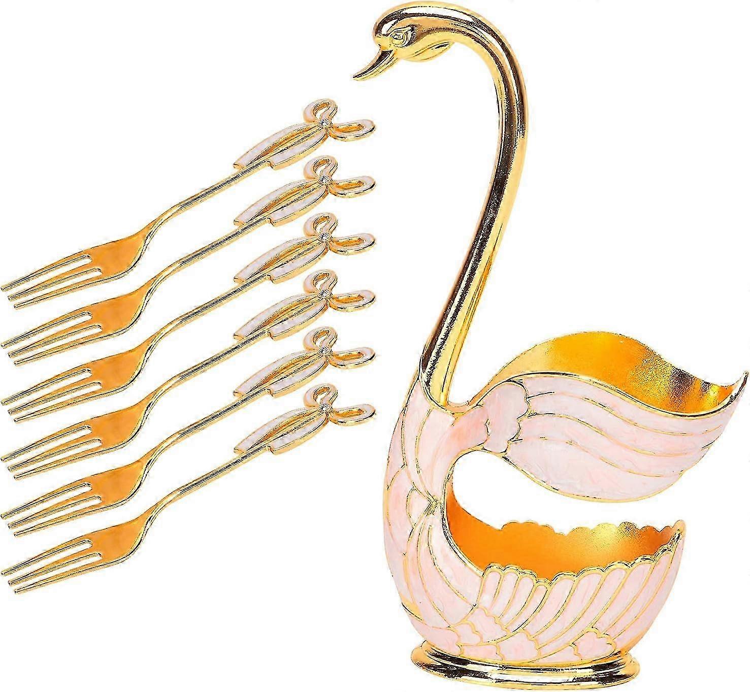 Set di forchette in metallo con base a cigno e 6 forchette, set di posate da dessert in oro