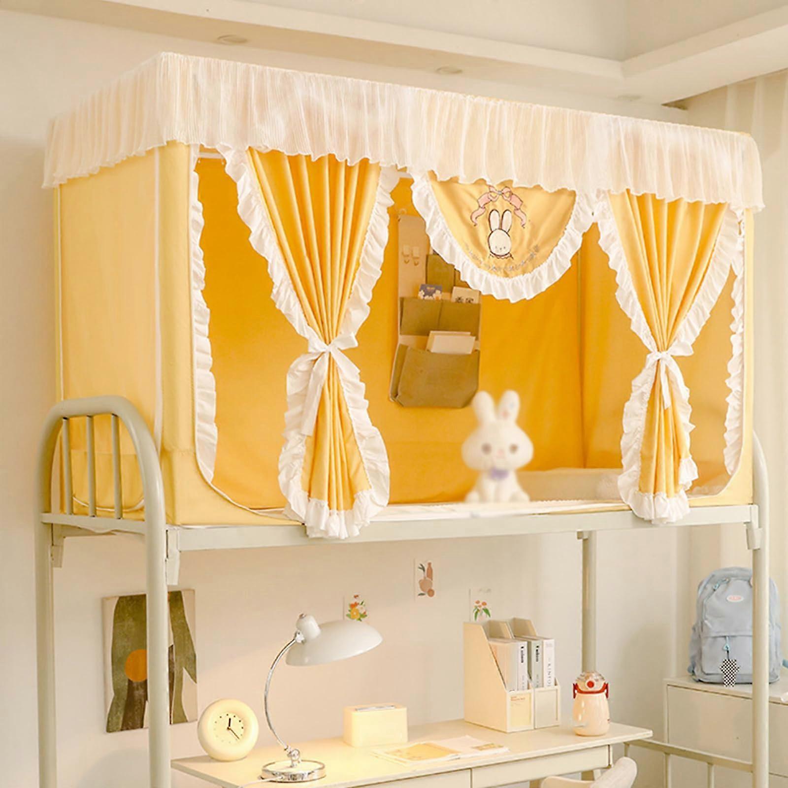 Student Dorm Bunk Bed Curtains with Privacy Screen, 90x190x90cm Blackout Canopy, Dustproof Mosquito Net, Yellow Fabric