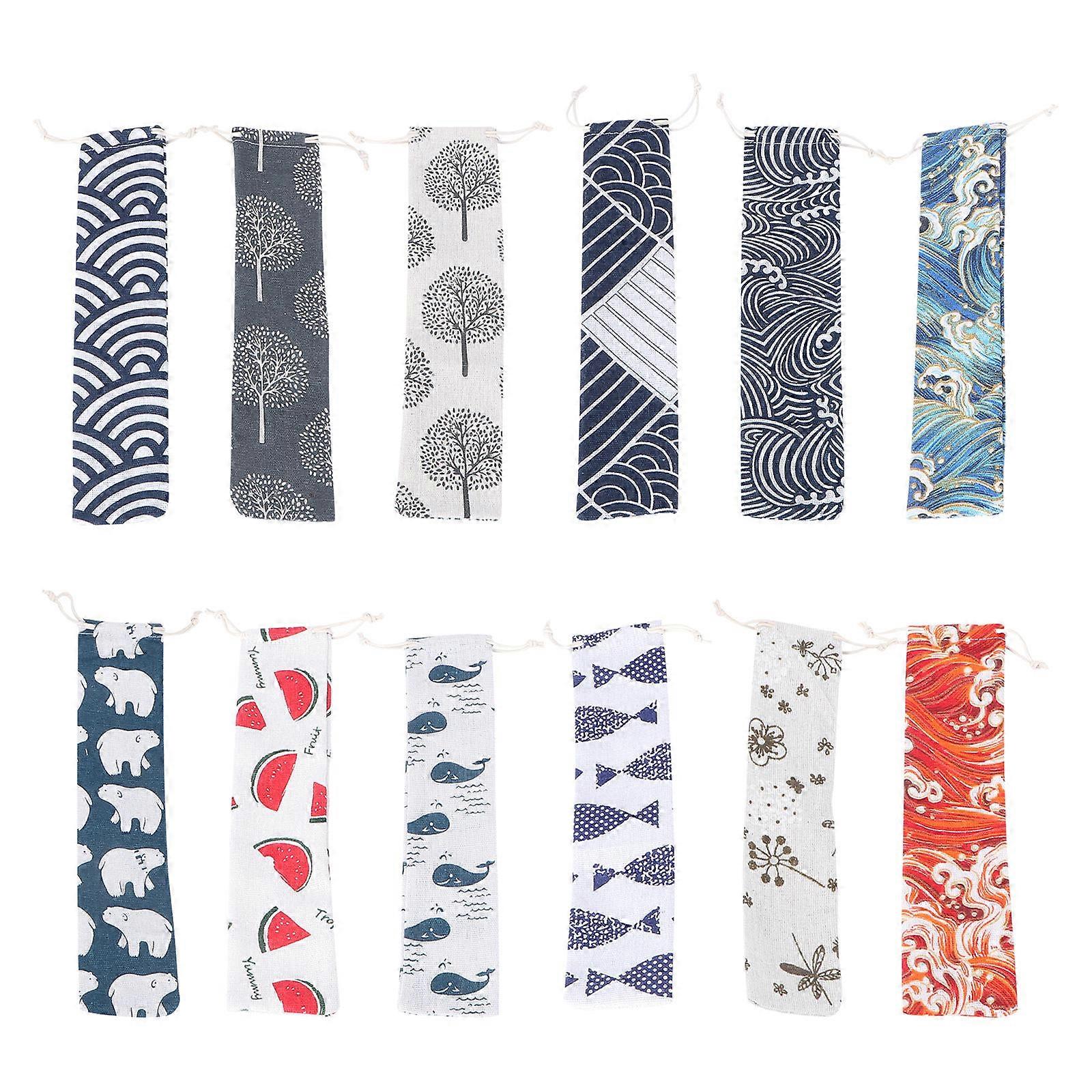 Portable Cutltery Bag Cotton Linen Tableware Drawstring Pouches Assorted Color 26X6X0.3cm Toothbrush Storage 12Pcs