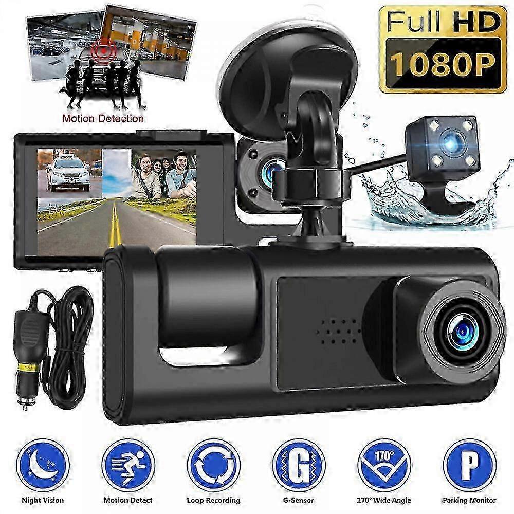 3-Channel 1080p Car Dash Camera System with SD Card, Featuring 3 Cameras, 170-Degree Wide Angle, Night Vision, Parking Mode, and Motion Dete