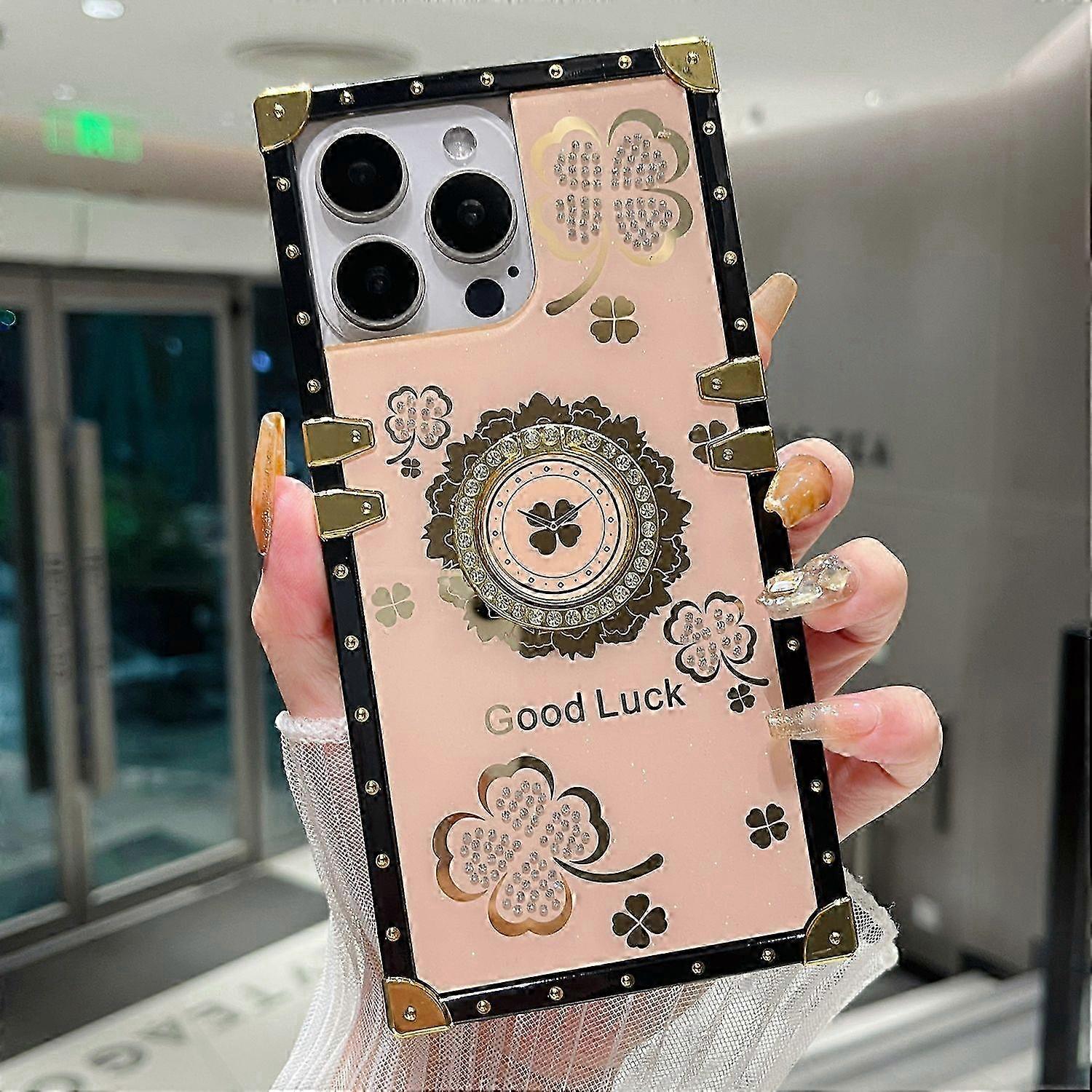Case with Kickstand for a Certain Brand Phone, Four Leaf Clover Pattern, Electroplating TPU+PC Cover