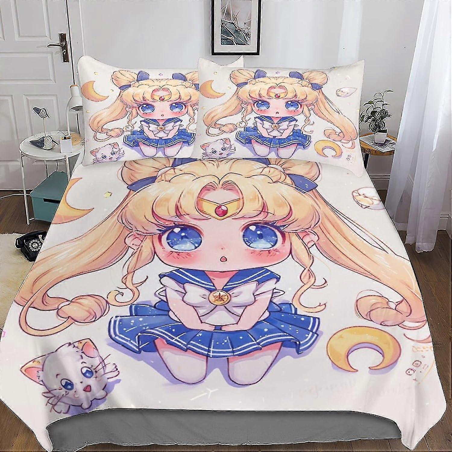 Bonito Sailor Moon 3 Peças Conjunto Capa de Edredão Conjuntos de Cama Macio Impressão 3D Anime Capa de Colcha Microfibra com Fronhas, Fecho de Zíper Oculto