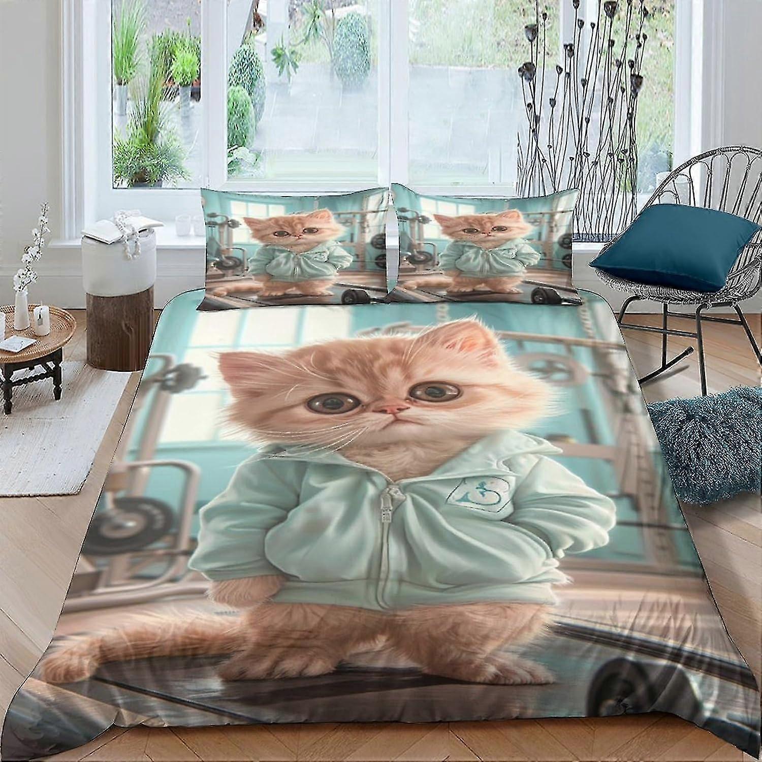 Cute Cat Bedding Set Duvet Cover Soft Microfiber Quilt Cover with 3D Print Design for Kids and Adults 3 Piece Set with Zipper Closure