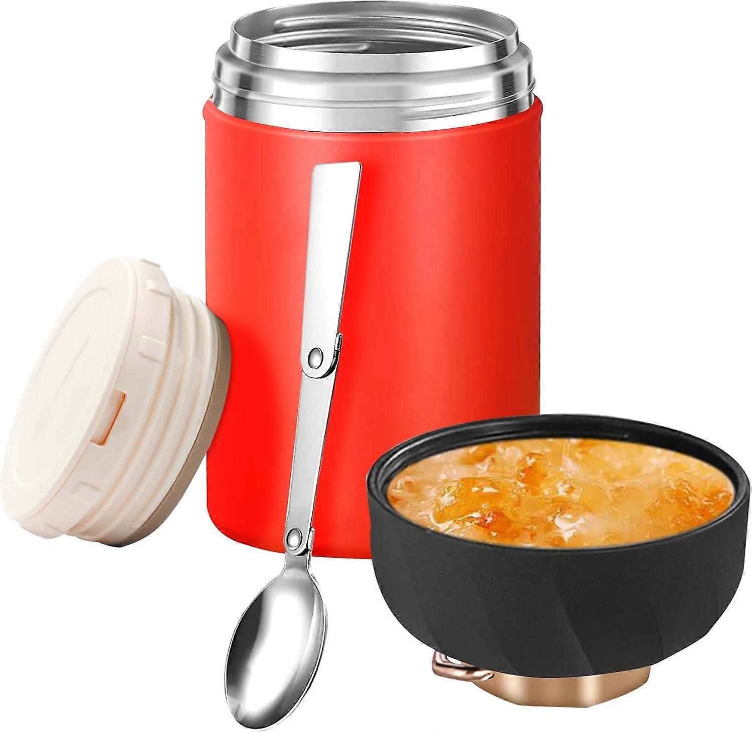 AURA Food Flask,600ml (20 oz) Food Flask Container,Stainless Steel Double Walled Soup Flask, with Foldable Spoon for Hot and Cold Meals(Red)