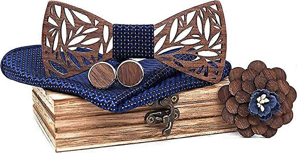 Classic Handmade Men's Wooden Bow Tie Bow Tie Wooden Handmade Bow Tie Cufflinks Corsage Square Scarf Set, Blue