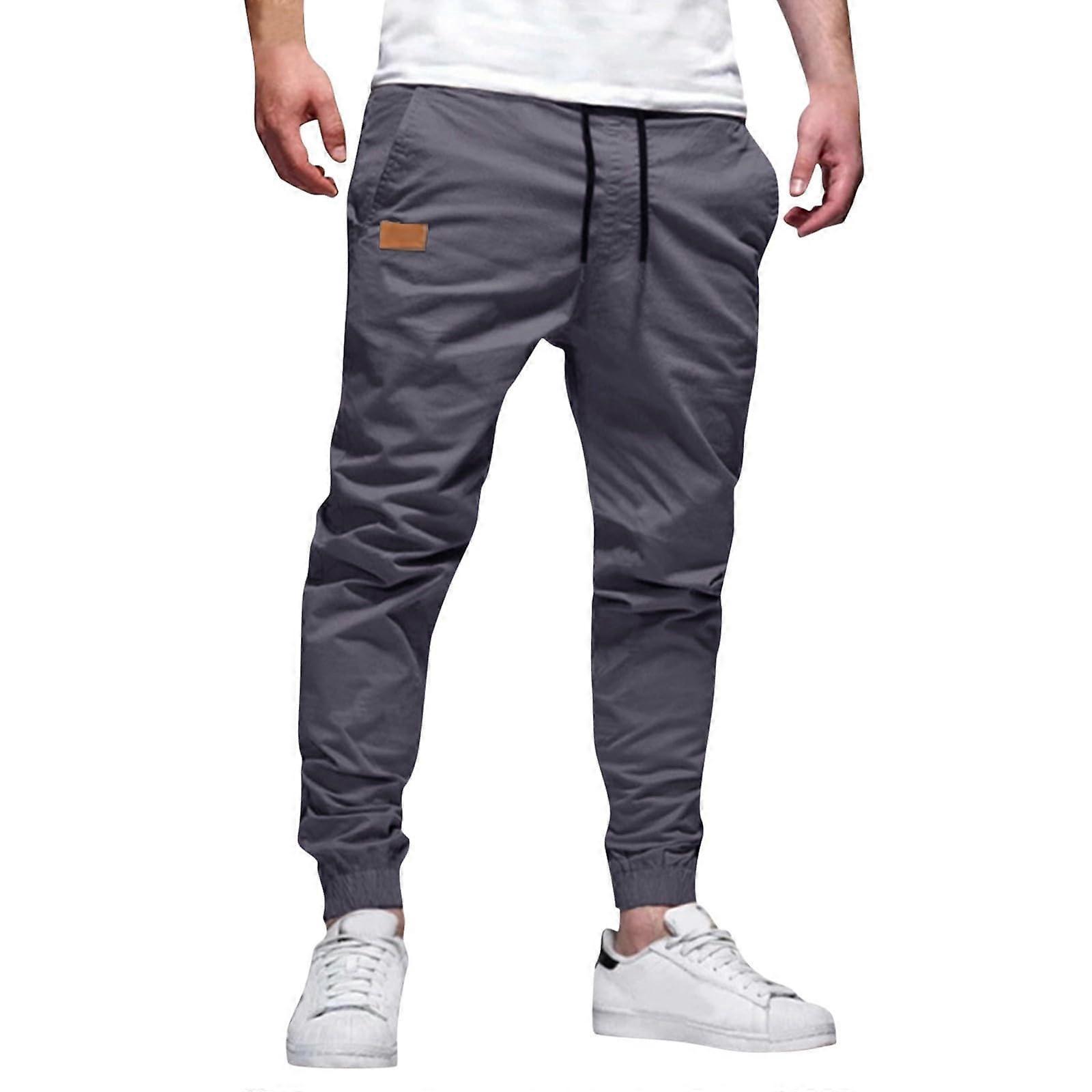 Jogging Bottoms Men's Cargo Trousers Regular Fit Dark Gray Comfortable Chino Sweatpants with Drawstring Size M