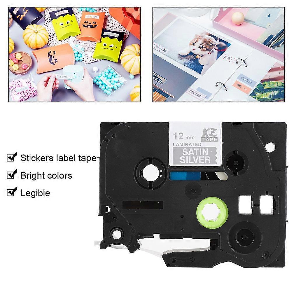 Print Label Ribbon for Brother Compatible for TZe Labeler White on Silver Ribbon 12mm