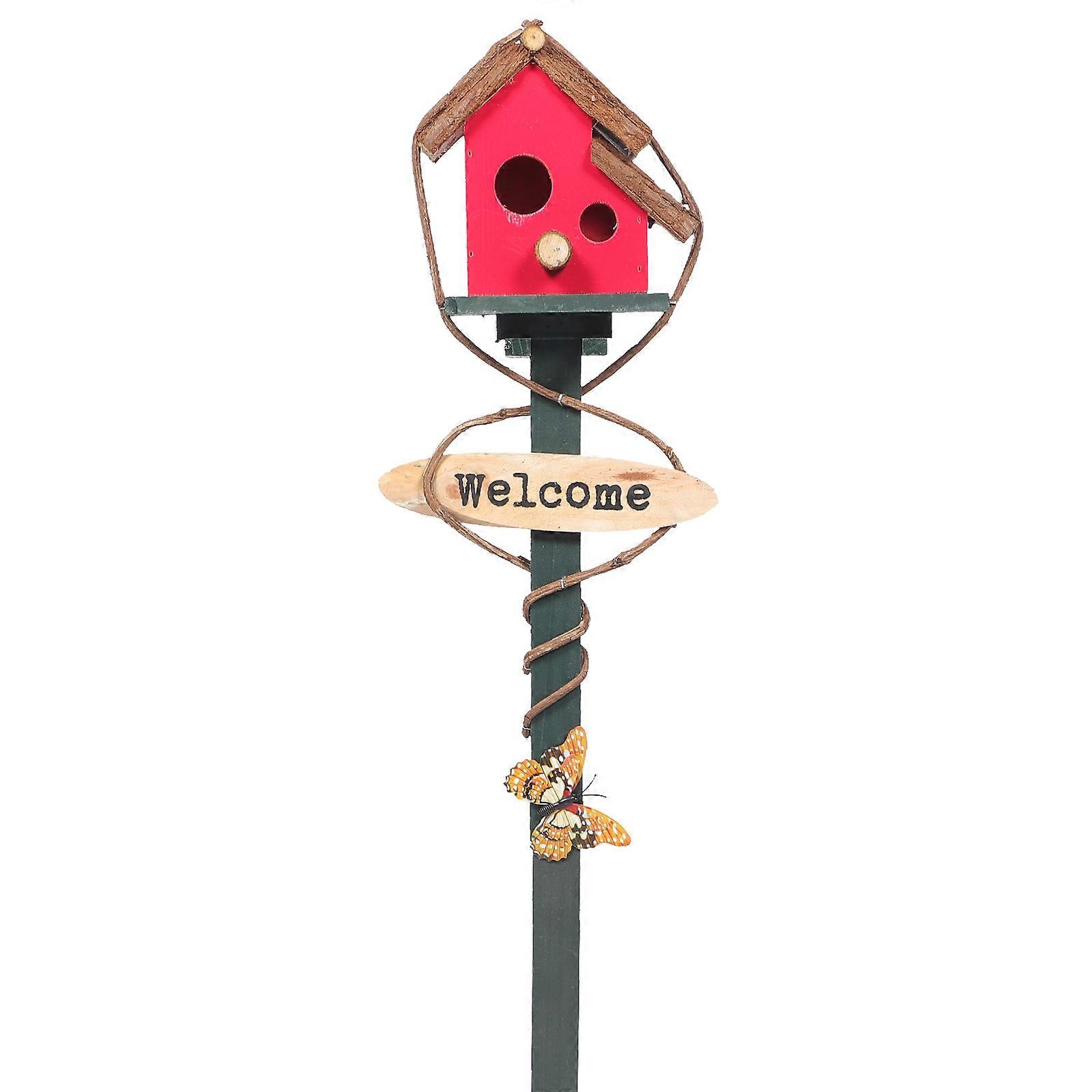 Red Double Nesting Bird House with Durable Stake – Decorative Garden, Lawn, and Park Bird Shelter – Random Butterfly Inspired Color