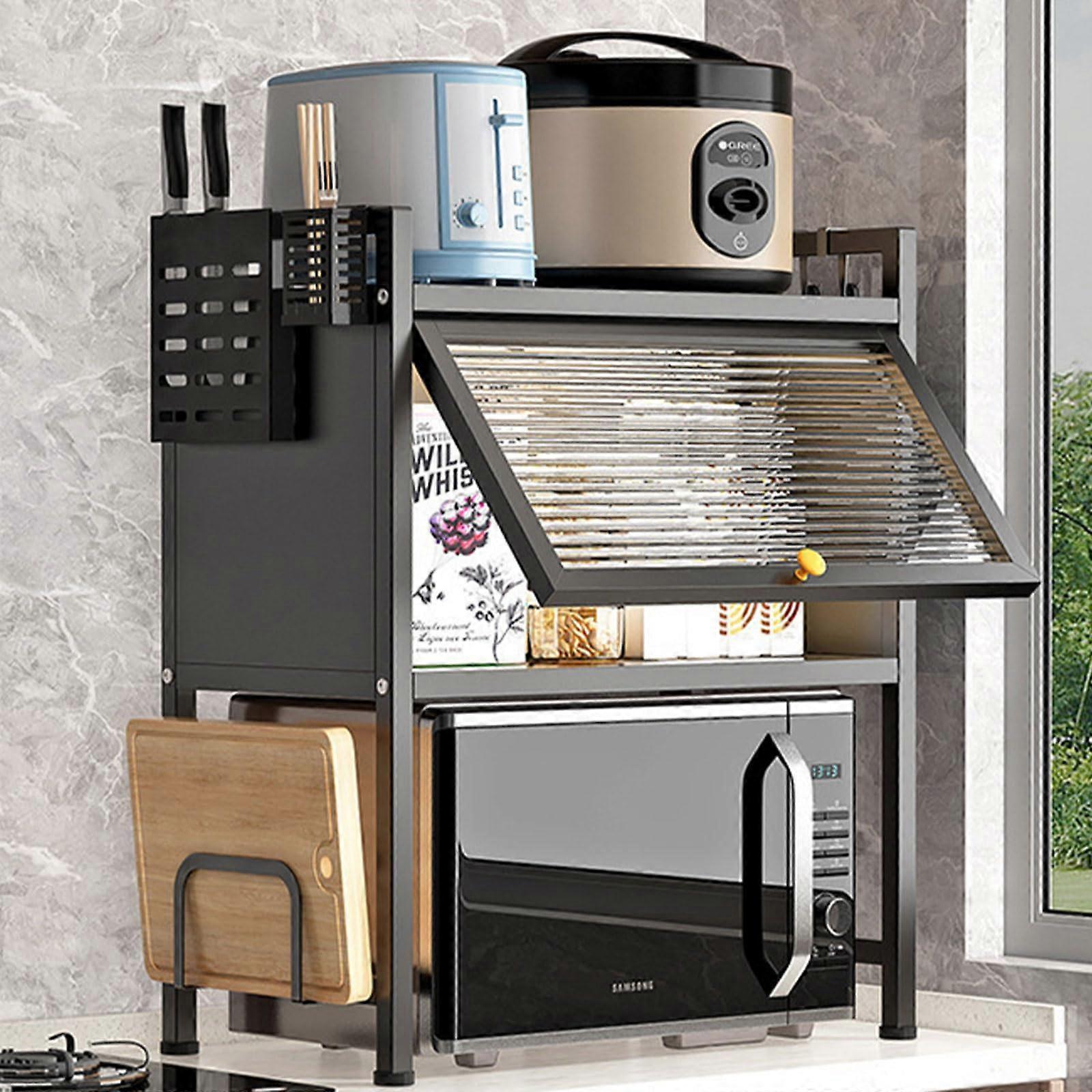 3-Tier Microwave Shelf, Black Kitchen Storage Rack with Toaster Holder, Chopping Board & Chopstick Holder for Efficient Organization