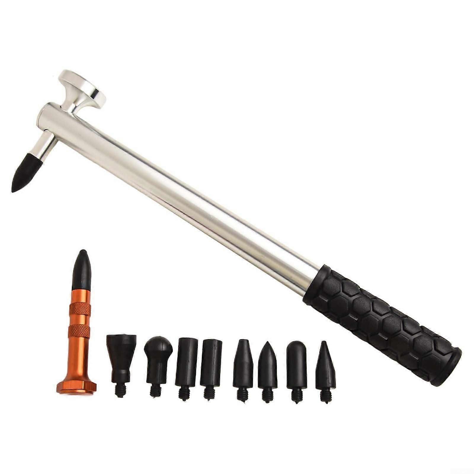 Auto Body Dent Hammer Kit with 9 interchangeable heads for efficient paintless repairs.