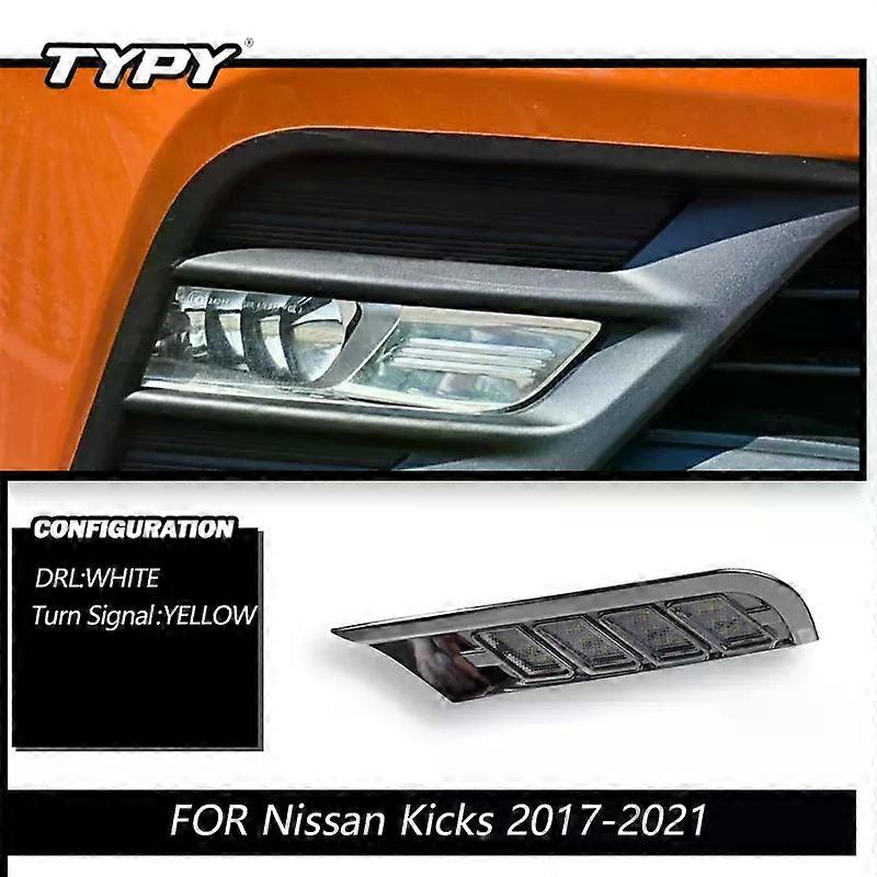 Apply TYPY Car Flashing LED DRL Daytime Running Lights For Nissan Kicks 2017 2018 2019 2021 with yellow turn Signal Daylight fog lamp