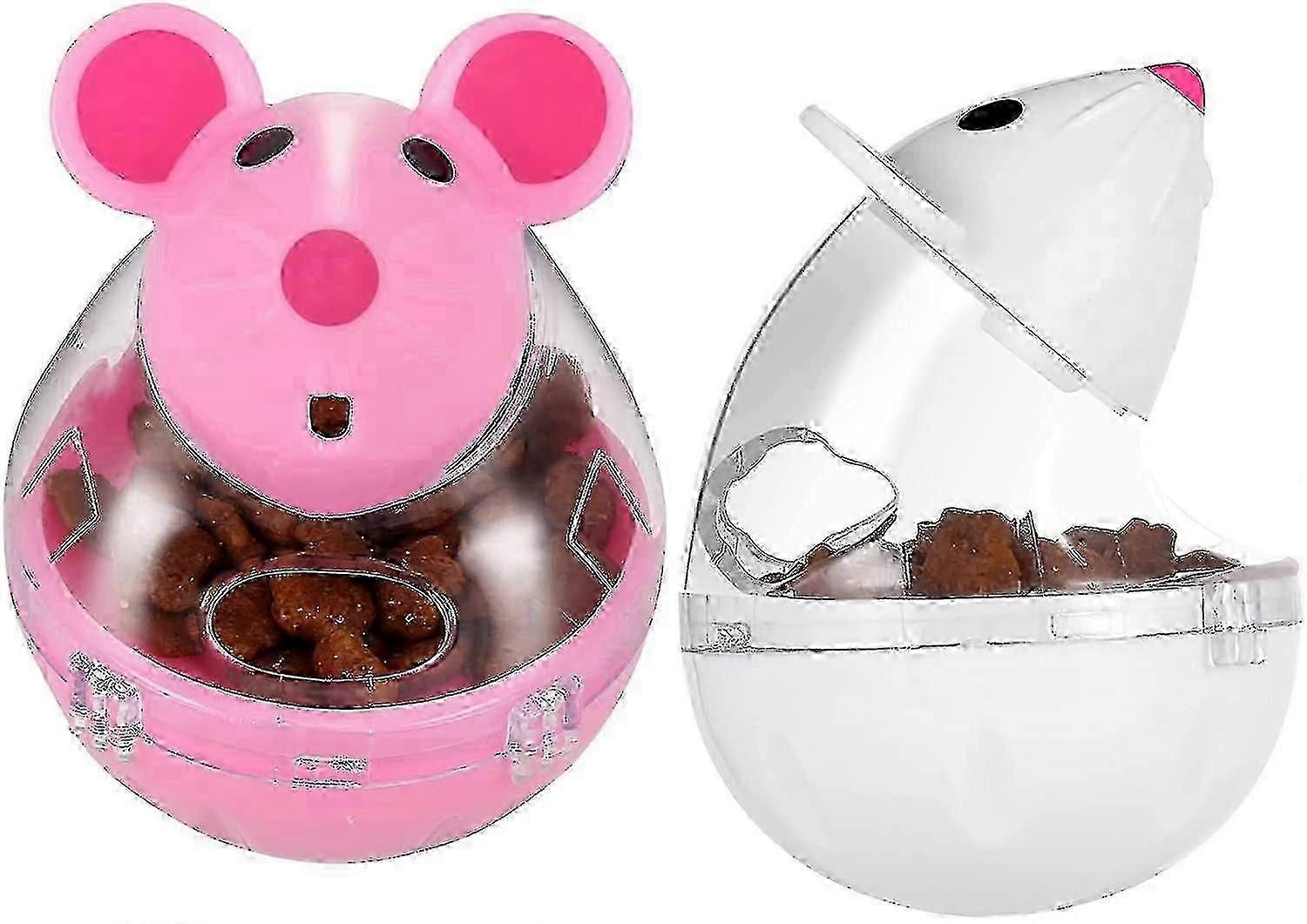 2 Pcs Cat Food Ball Dispenser Cat Treat Toy Feeder Toy for Interactive IQ Treat Training Mouse shape Tumbler (pink ang white)