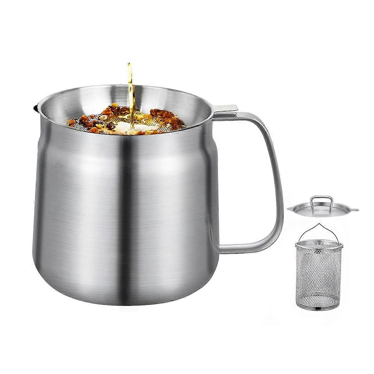 50oz/1.5L 304 Stainless Steel 3in1 Multifunctional Oil Strainer Pot, Deep Frying Basket, Grease Container for Kitchen