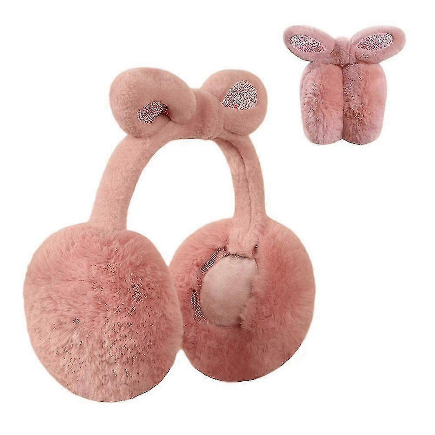Winter outdoor solid colour soft head earmuffs for warmth, fluffy foldable earmuffsdrak pink