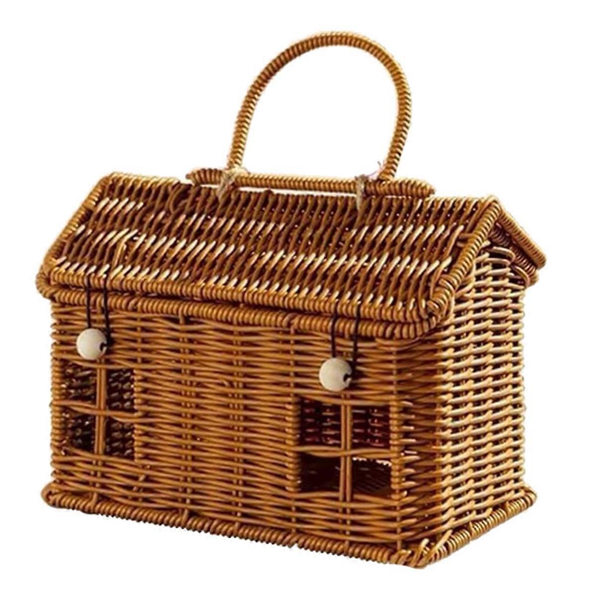 Rattan House Shaped Basket with Lid, Decorative Hand Woven Shelf Organizer with Folding Handle, Harvest Wicker Basket
