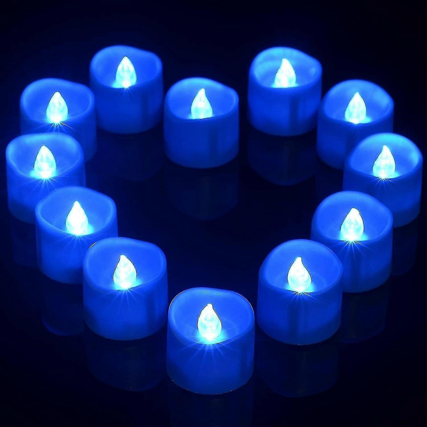 Blue Led Timer Tea Lights, Battery Operated Flameless Tealight Electric Votive Candles For Wedding B