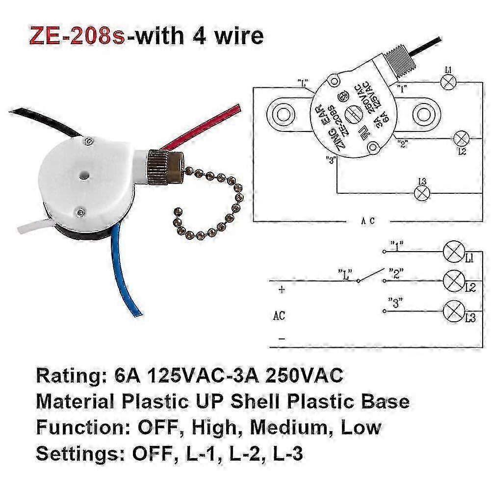 Ceiling Fan Switch Zing Ear Ze-208s E89885 3 Speed 4 Wire Chain C-2025-ss