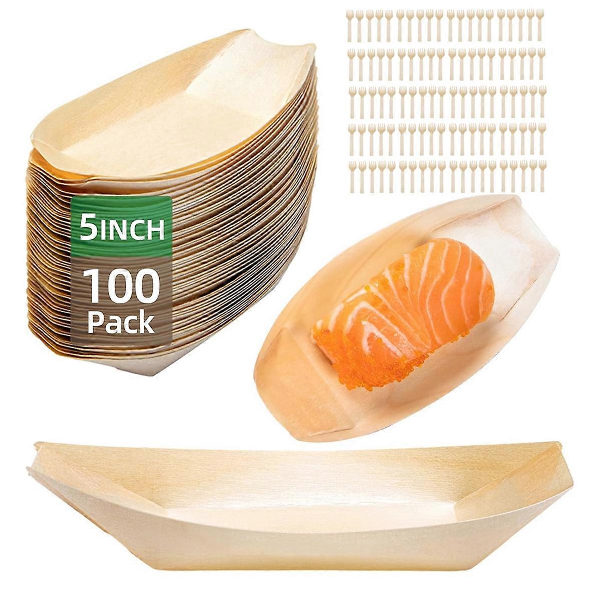 100セット木製使い捨てプレートボートプレートフードトレイ使い捨てデザートプレート使い捨てフードボート