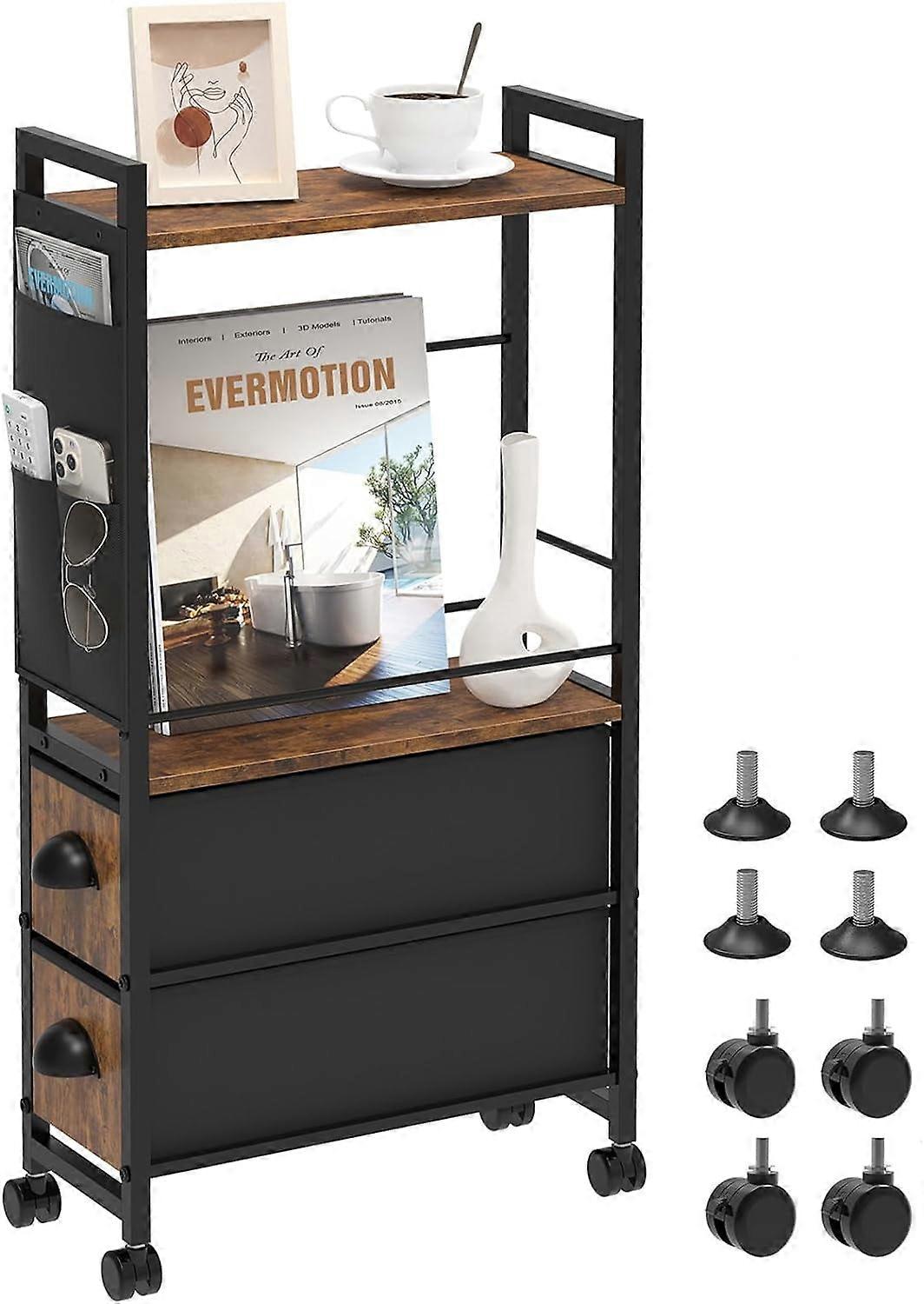 Slim Narrow Side Table with Drawers & Wheels, Small Bedside Nightstand with Storage Bag for Tight Spaces, Rustic Design