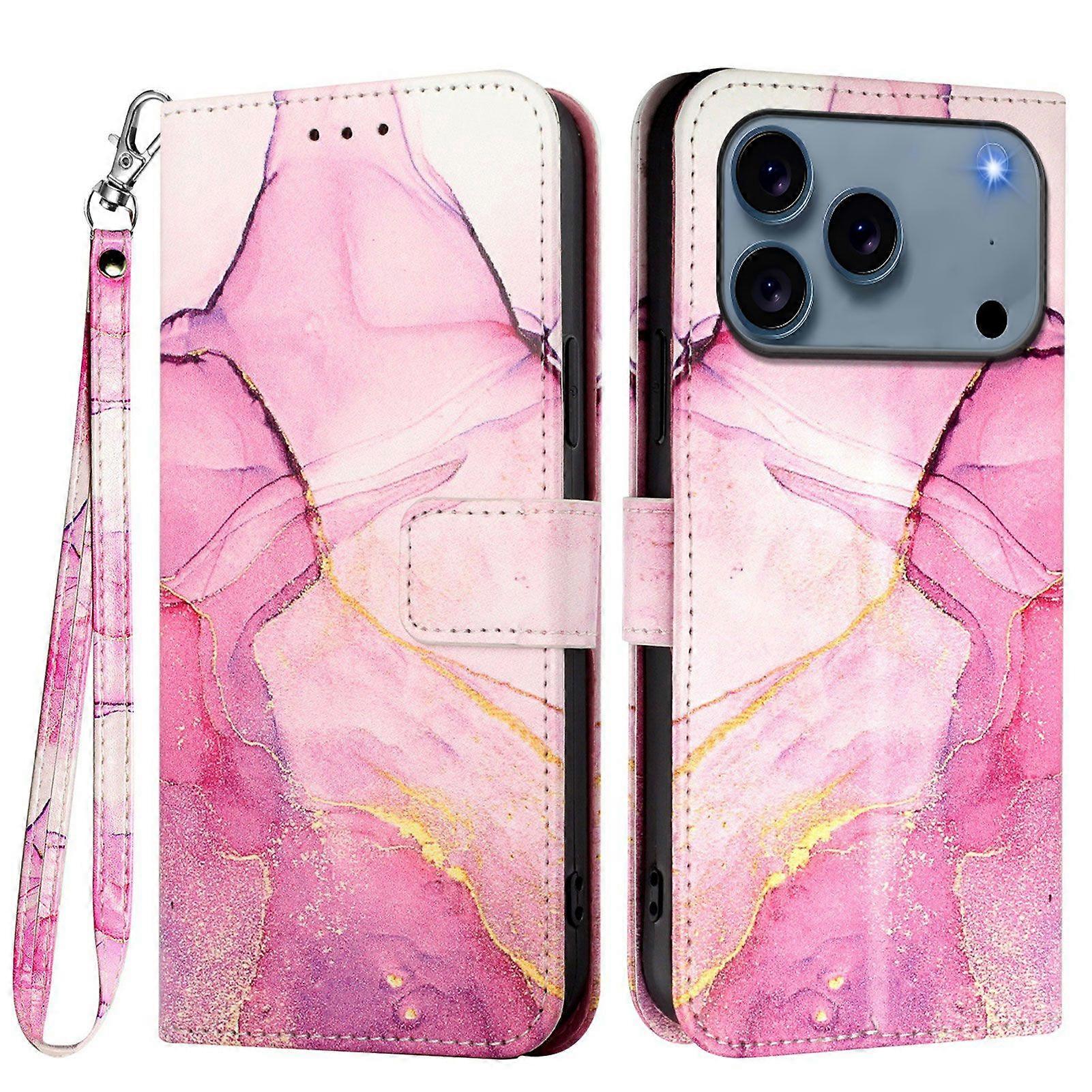 For iPhone 17 Pro Case with Strap Marble Pattern Leather Phone Cover Card Holder