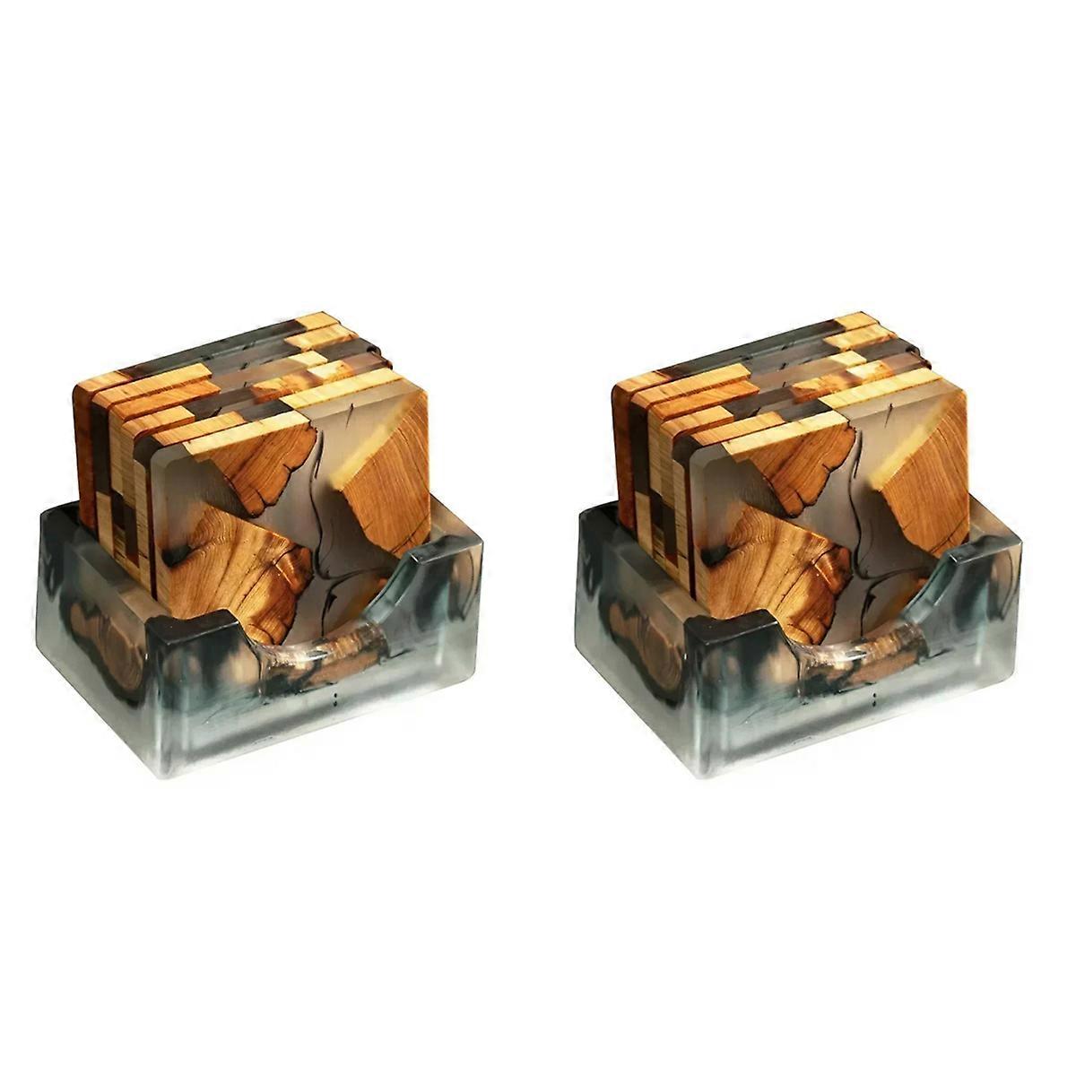 Wood Coasters Set with Epoxy Resin - Modern Coasters with Holder