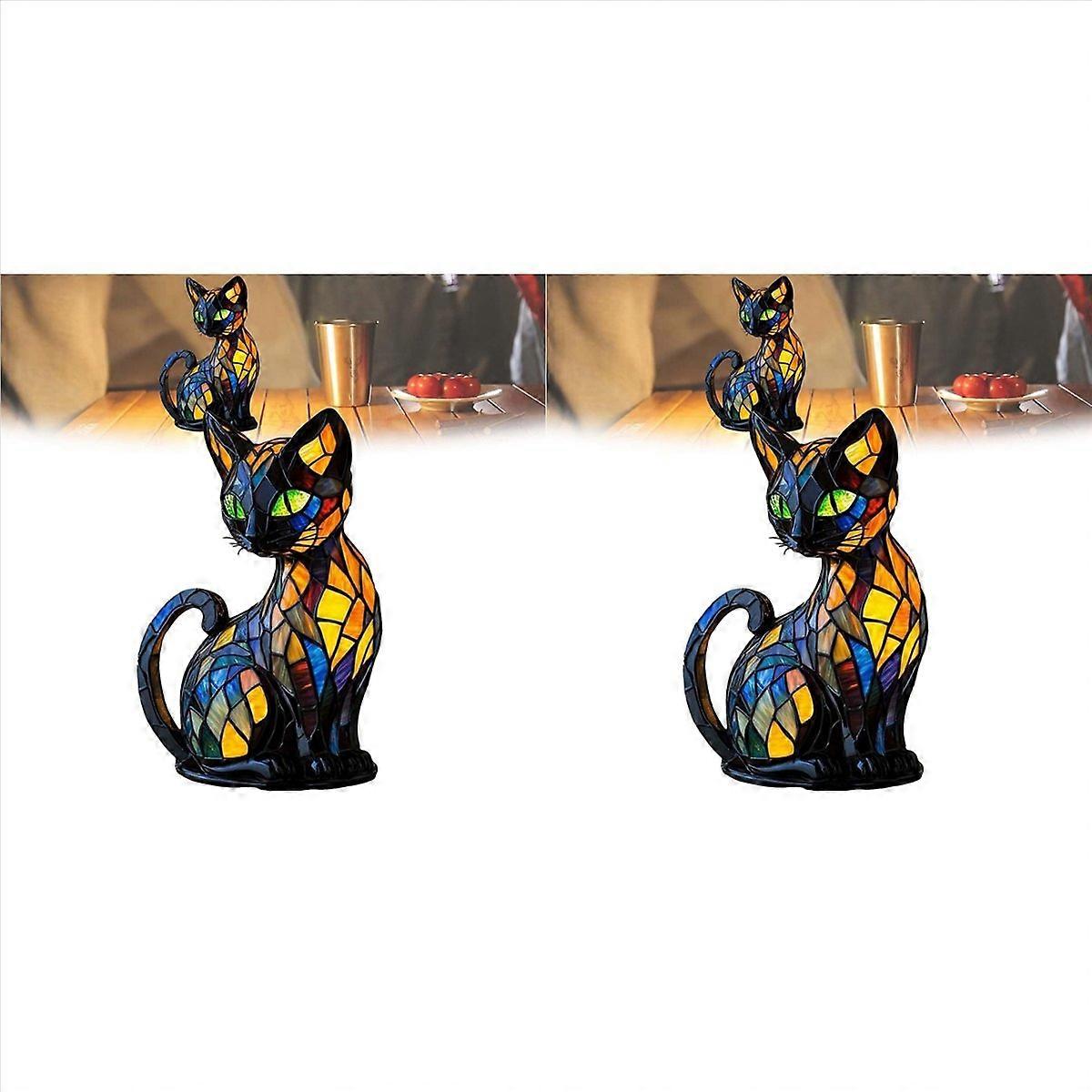 2X CAT for Night Stands Table Lamps, Stained Resin Tabletop Night Light, Cat Lamp Resin Stained Glas