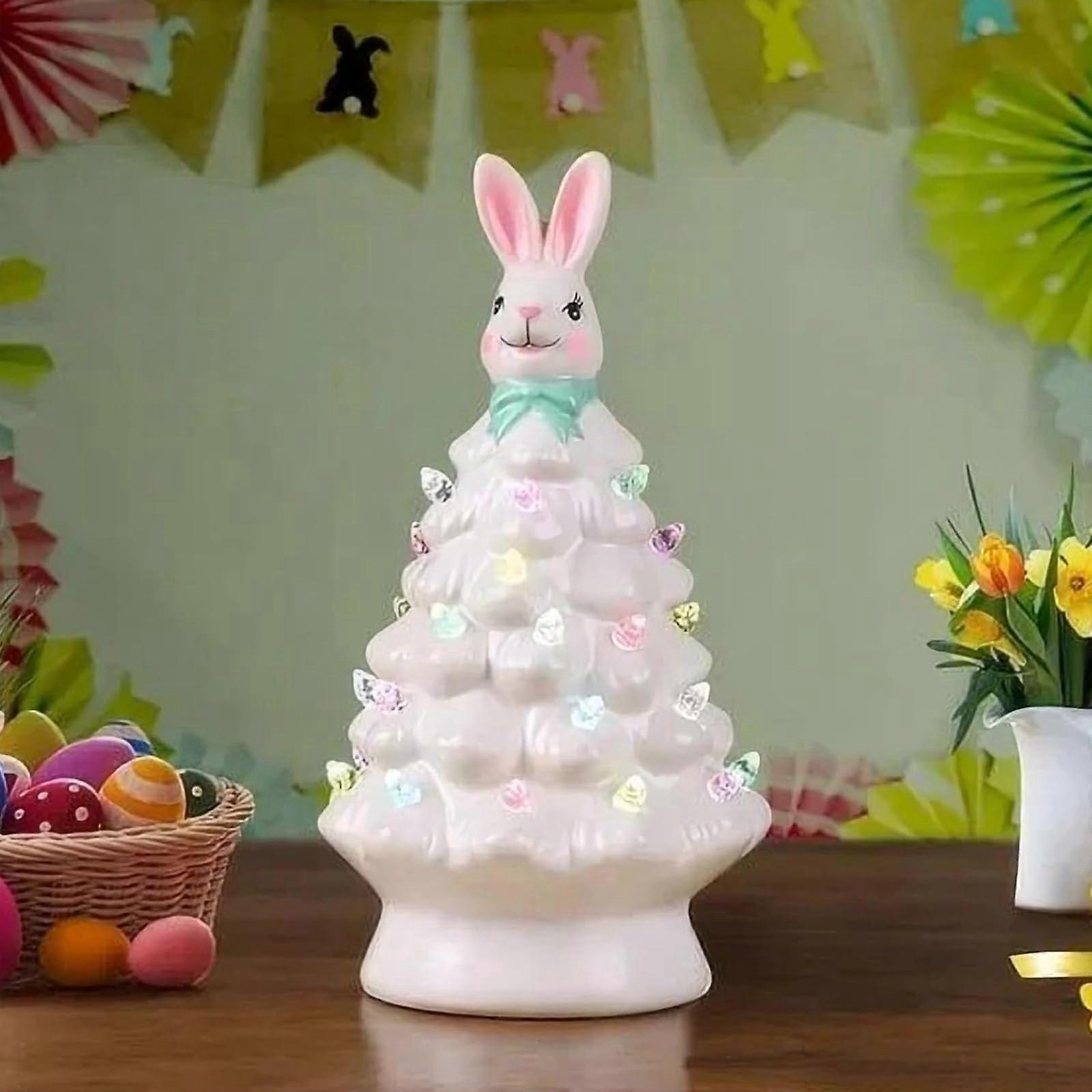 ZENGO Bunny Tree, Easter Pink Bunny Tree, Easter Bunny Tree, Light Up Easter Tree Pink Bunny Tree Decorations, Ceramic Easter Tree (White)