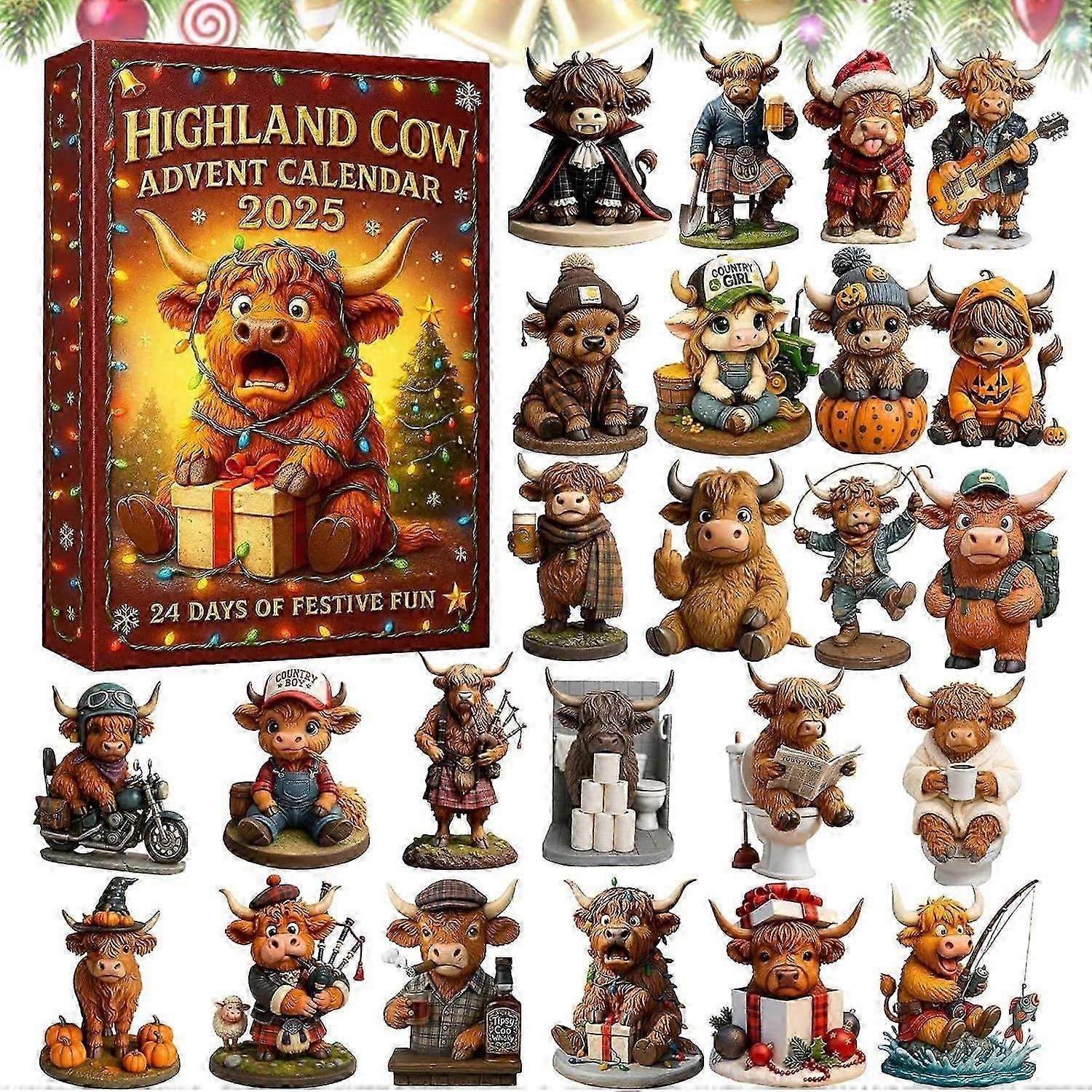 suitable for Highland Cow Advent Calendar 2025, 24 Days Christmas Countdown Calendar with 24 Different 2D Acrylic Mini Highland Cow Ornaments, Christm