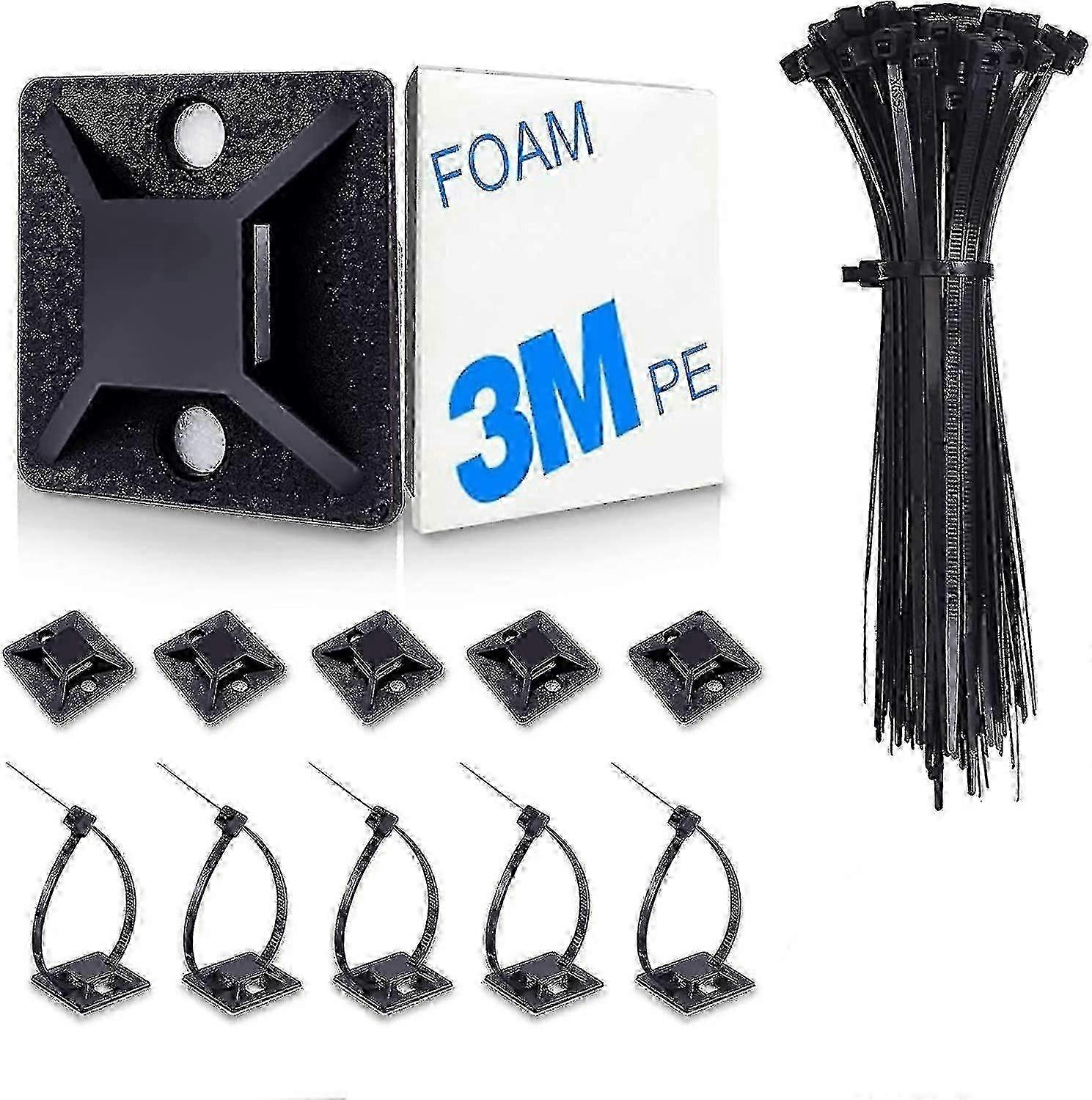 100-pack Self-adhesive Zip Tie Mounts For Cable Management - Black Wall Anchors