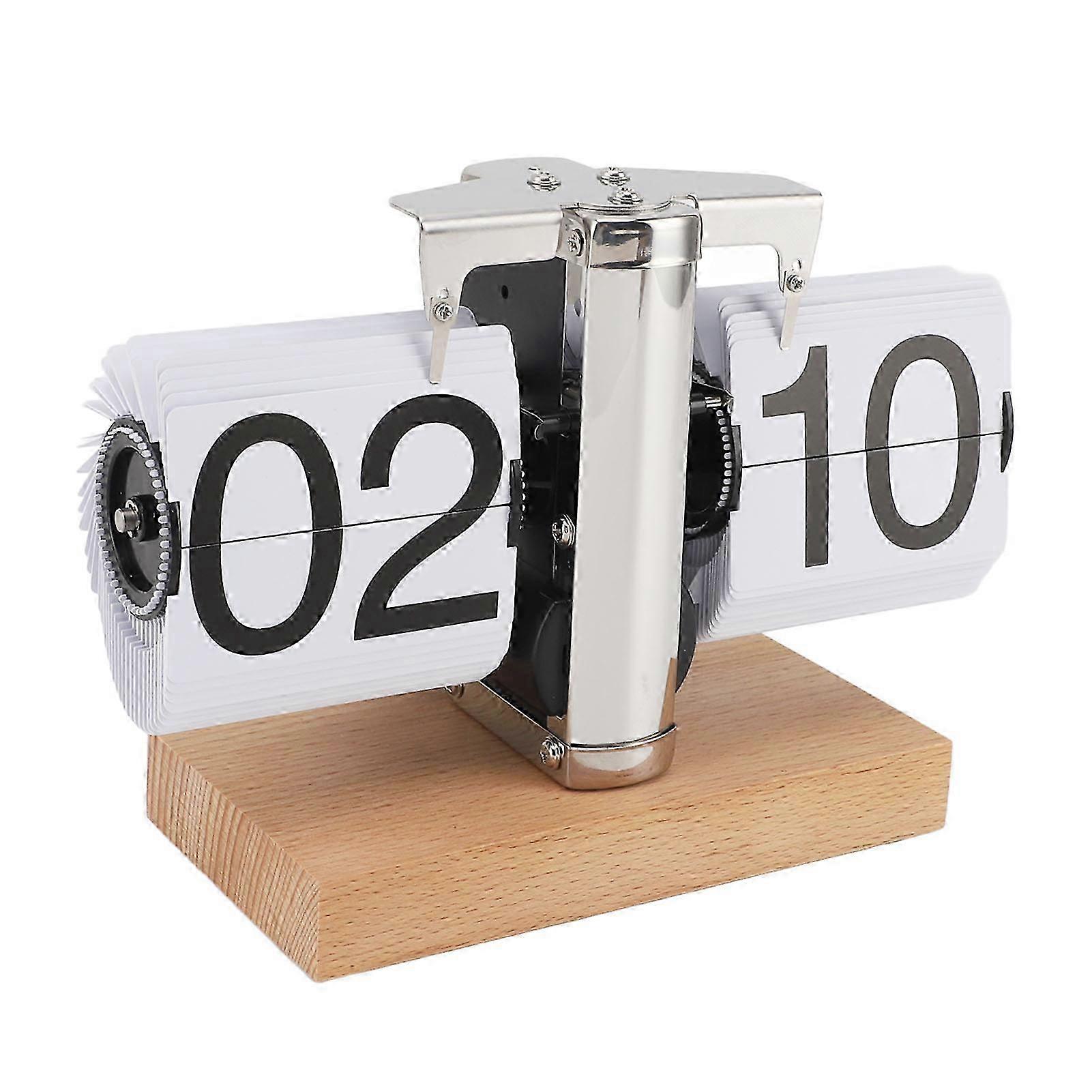 Retro Digital Flip Clock - 24 Stunden mechanische Schreibtischuhr mit weißem Holzsockel