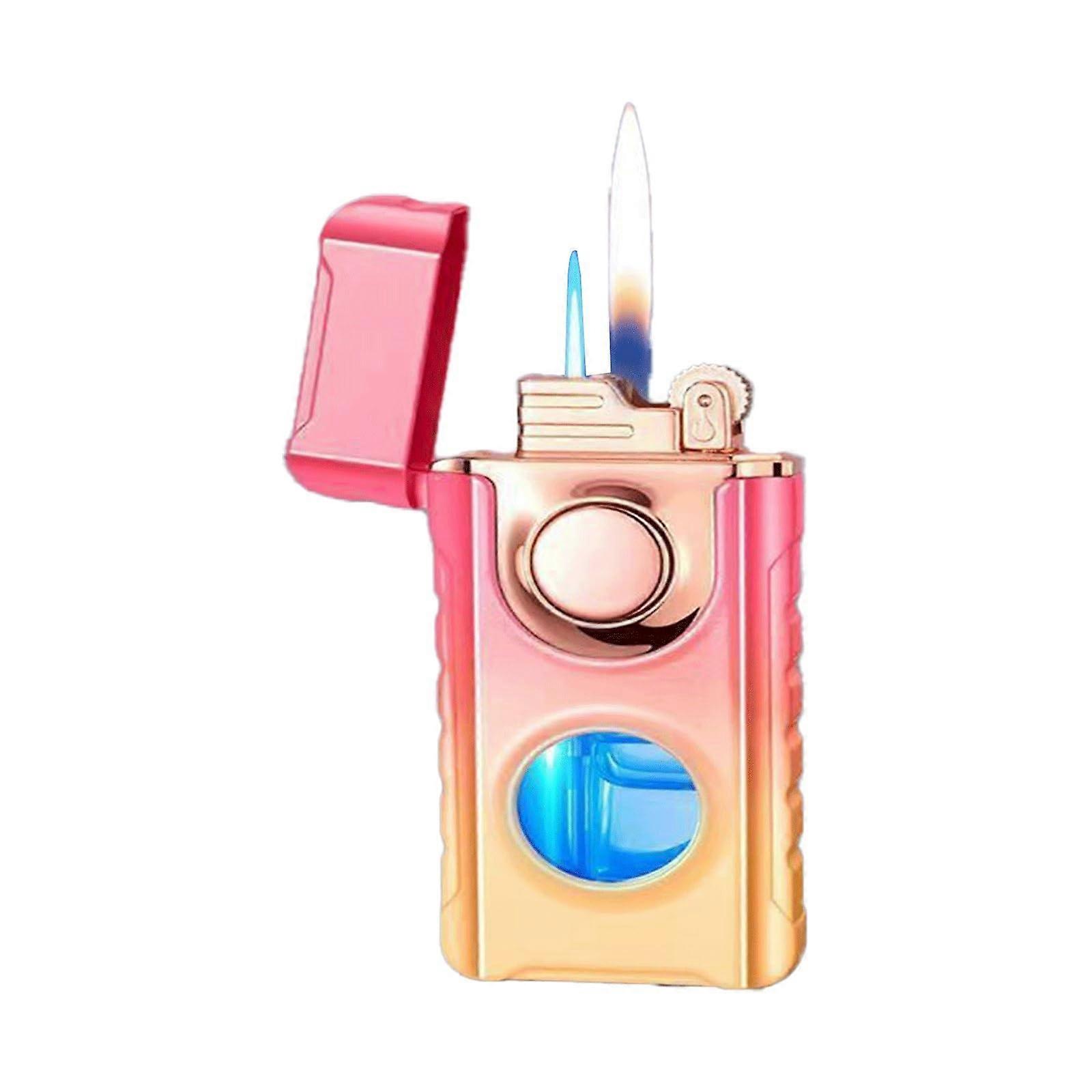 Dual Flame Lighter Transparent Fuel Tank Switchable Flame Refillable Portable Camping Travel Lighter Pink Orange