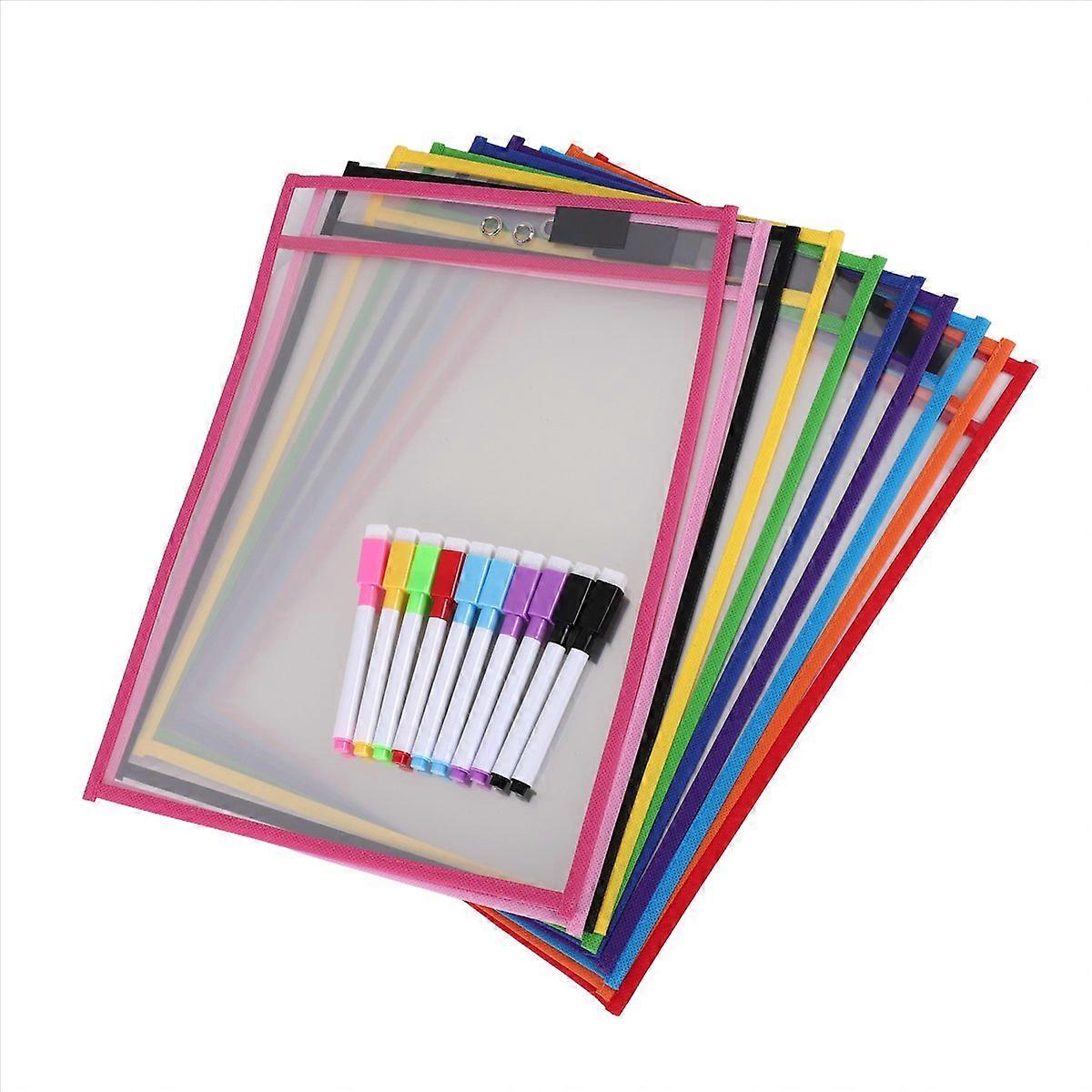 Dry Erase Pockets Sleeves, (10 Pack) A4 Paper Job Ticket Holders, Reusable Dry Erase Sheets for Clas