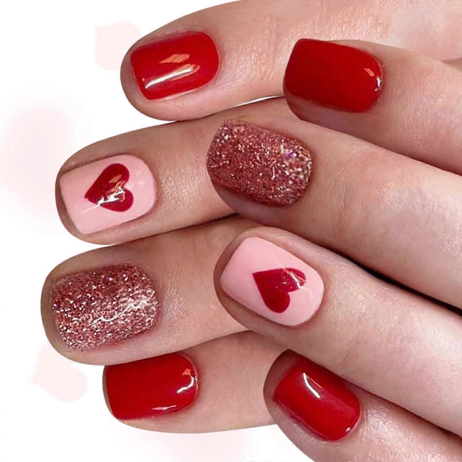 24PCS Glossy Square Press On Nail Red Sparkles Love Patterns Multiple Sizes Comfortable Wear All Day Multicolor