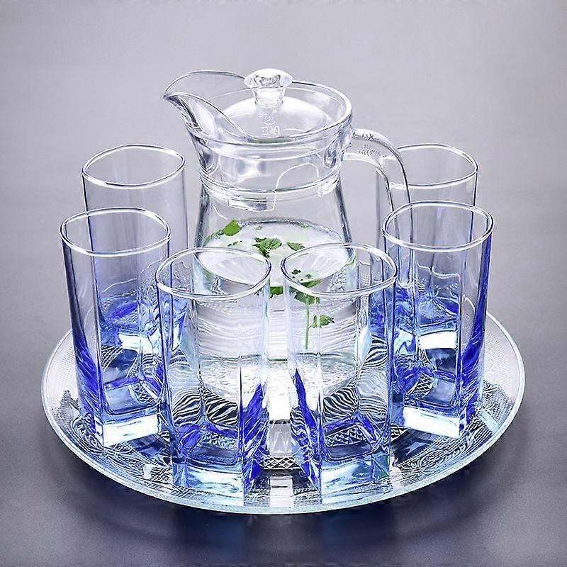 6 High Blue Square Cups + Duckbill Teapot + Phoenix Tail Tray [Free Cup Brush, Default Glass Cups, 6-Piece Household Water Cup Set, Thickened