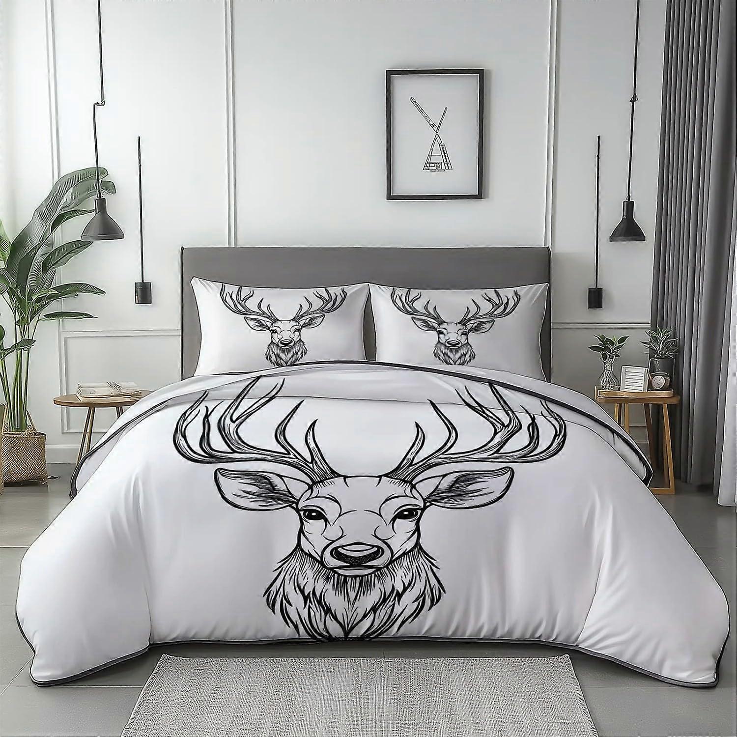 King Size Duvet Cover Set Soft Microfiber Reversible White Deer Head Print Bedding with Pillow Shams