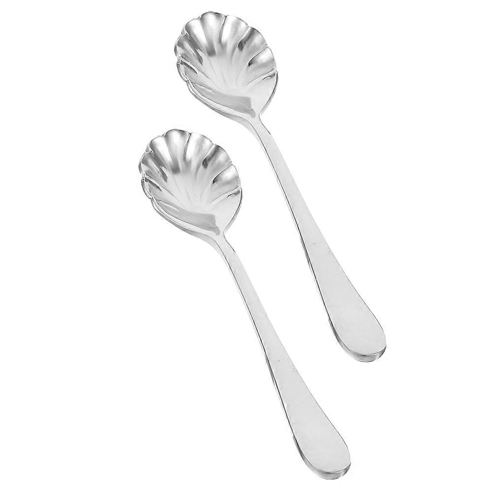 Shell Shaped Spoon Silver Stainless Steel for Eating Dessert 2Pcs