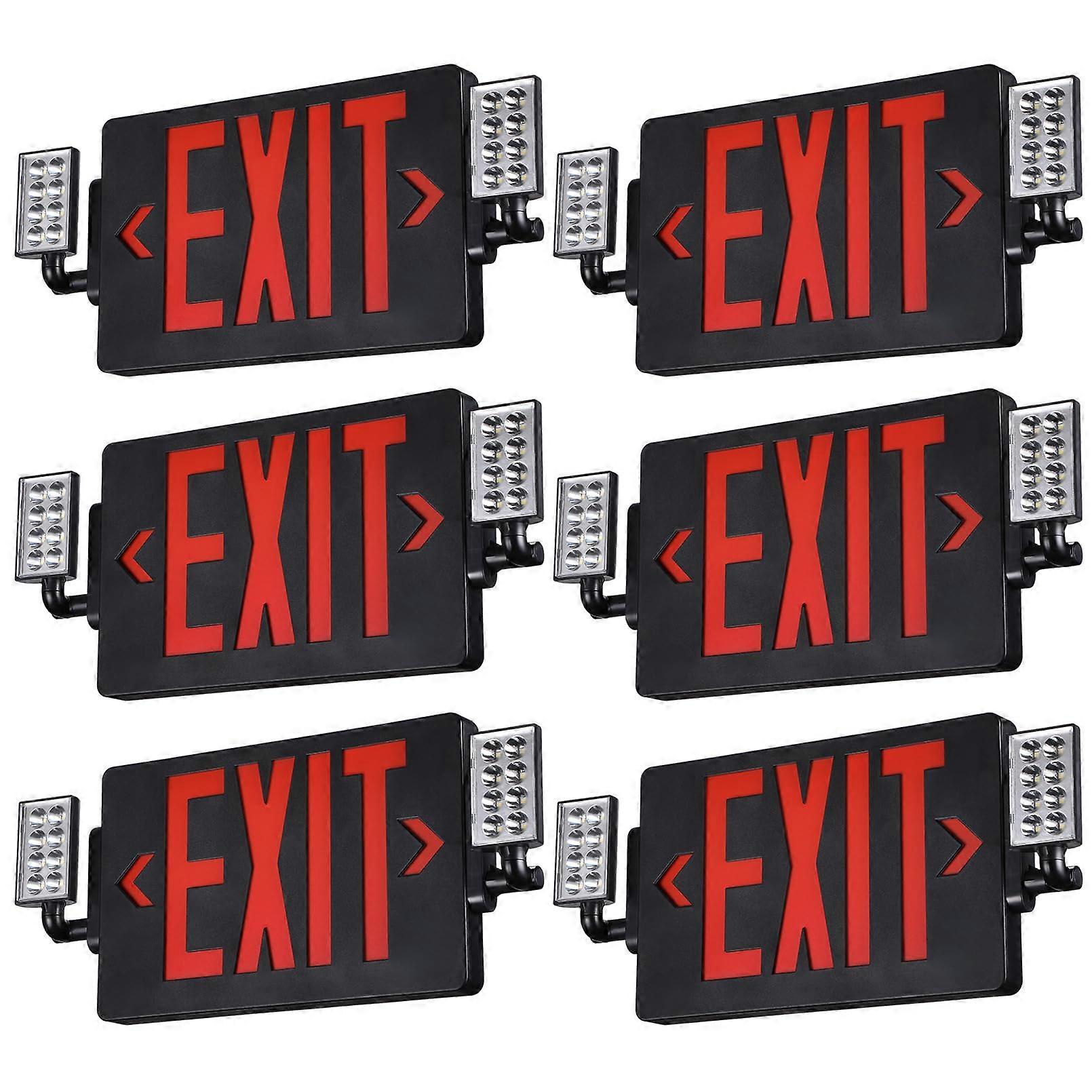LED Exit Sign with Battery Backup, Red Letters, Emergency Lights, UL Listed, Dual LED Heads, 6 Pack