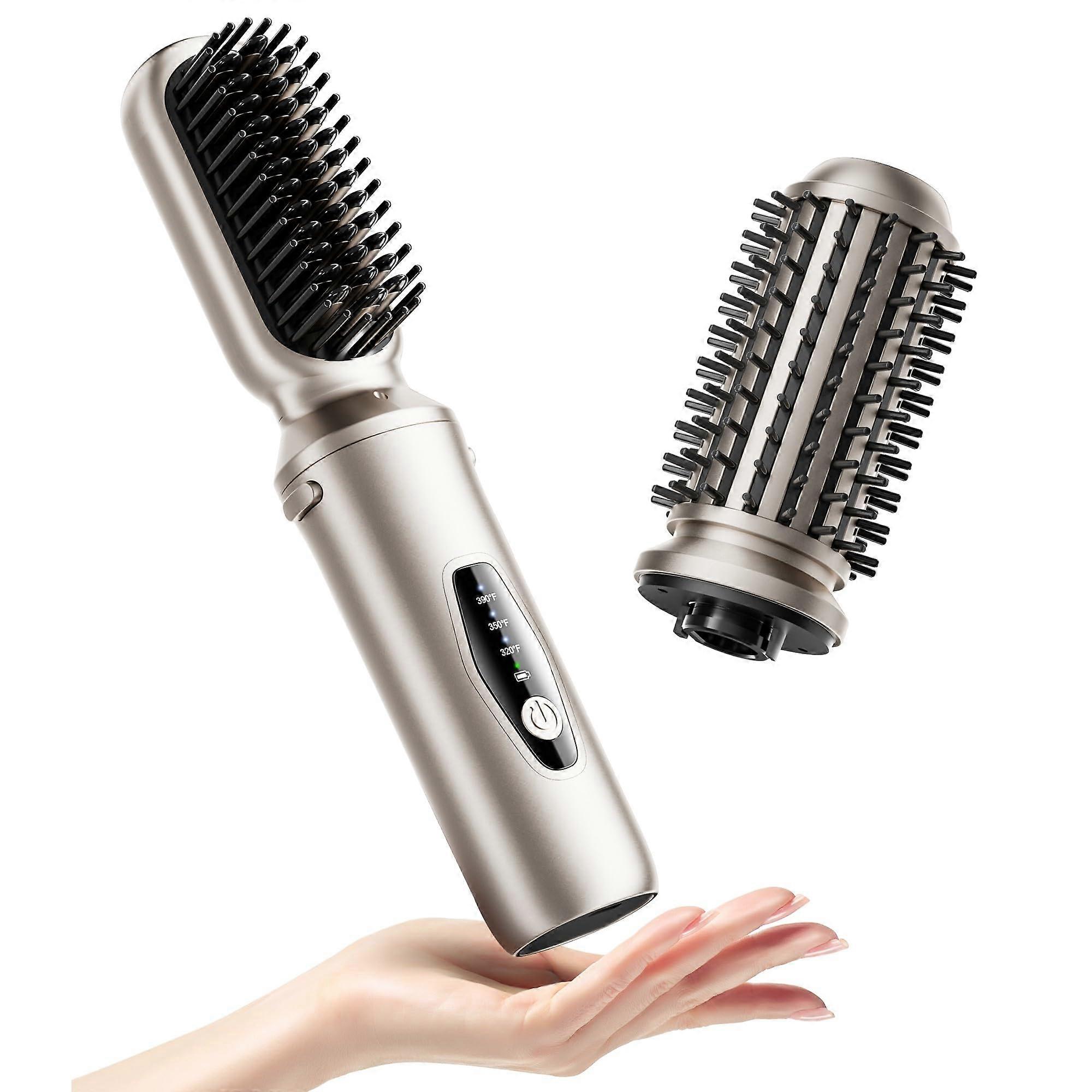 Cordless Hair Straightener Brush, 2 in 1 Curling and Straightening Comb with 200M Negative Ions, Fast Heating Dual Voltage Travel Styling Tool