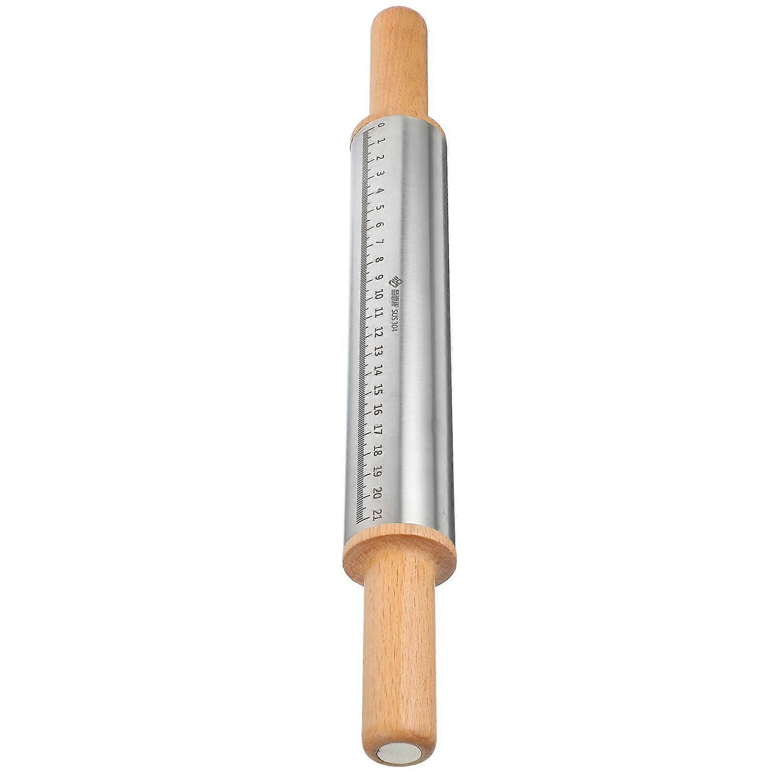 Stainless Steel Rolling Pin with Wooden Handles for Baking Dough, Nonstick Smooth Surface