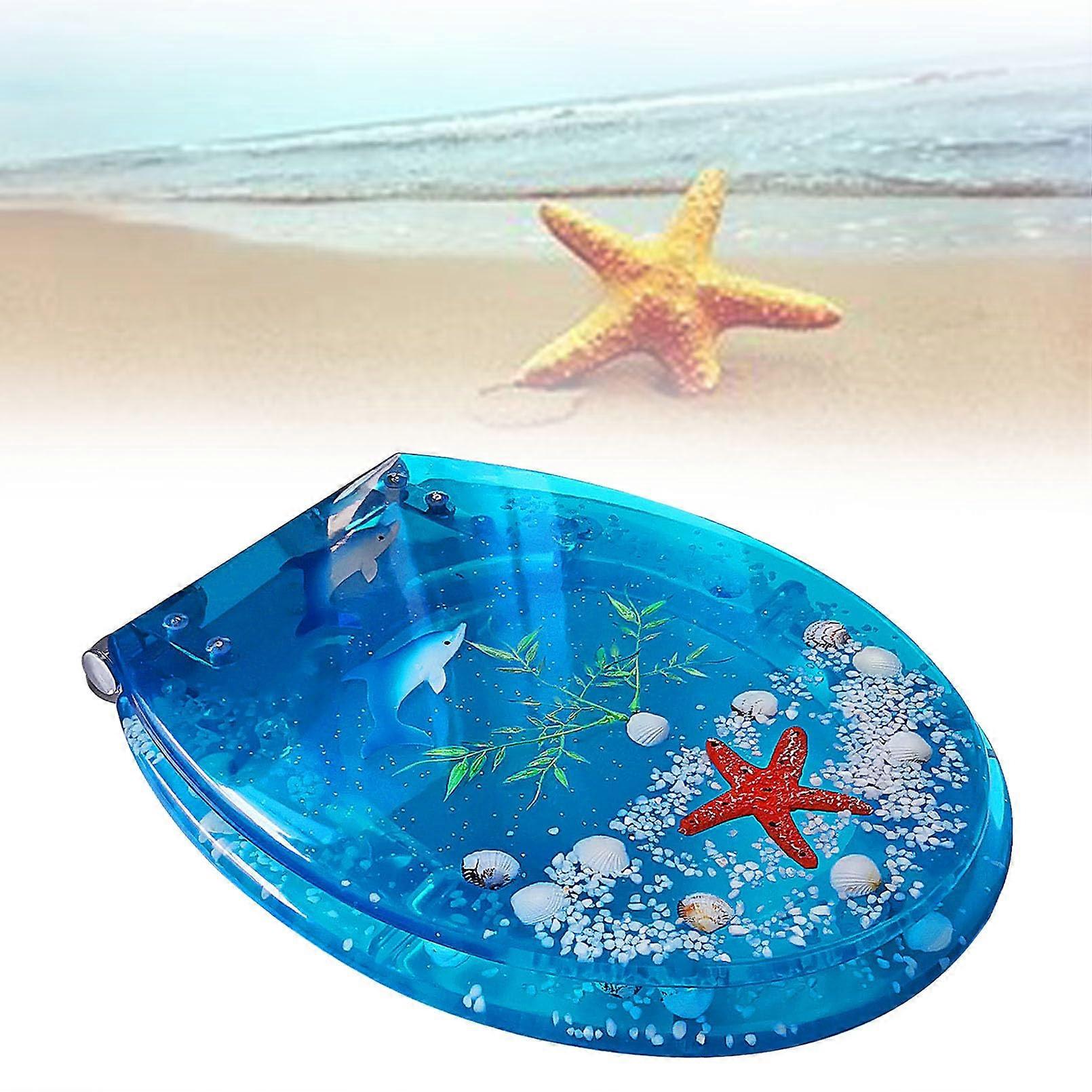 Decorative Resin Toilet Seat with Soft Close Ocean Theme, Universal Fit, NonSlip Bumpers