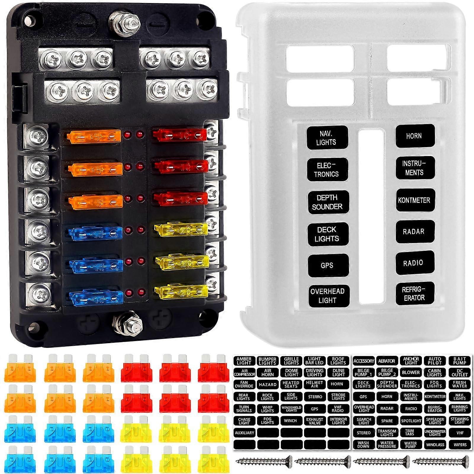 12 Circuit Fuse Block with LED Indicators, Waterproof Marine RV Trailer Fuse Panel 12V/24V 100A